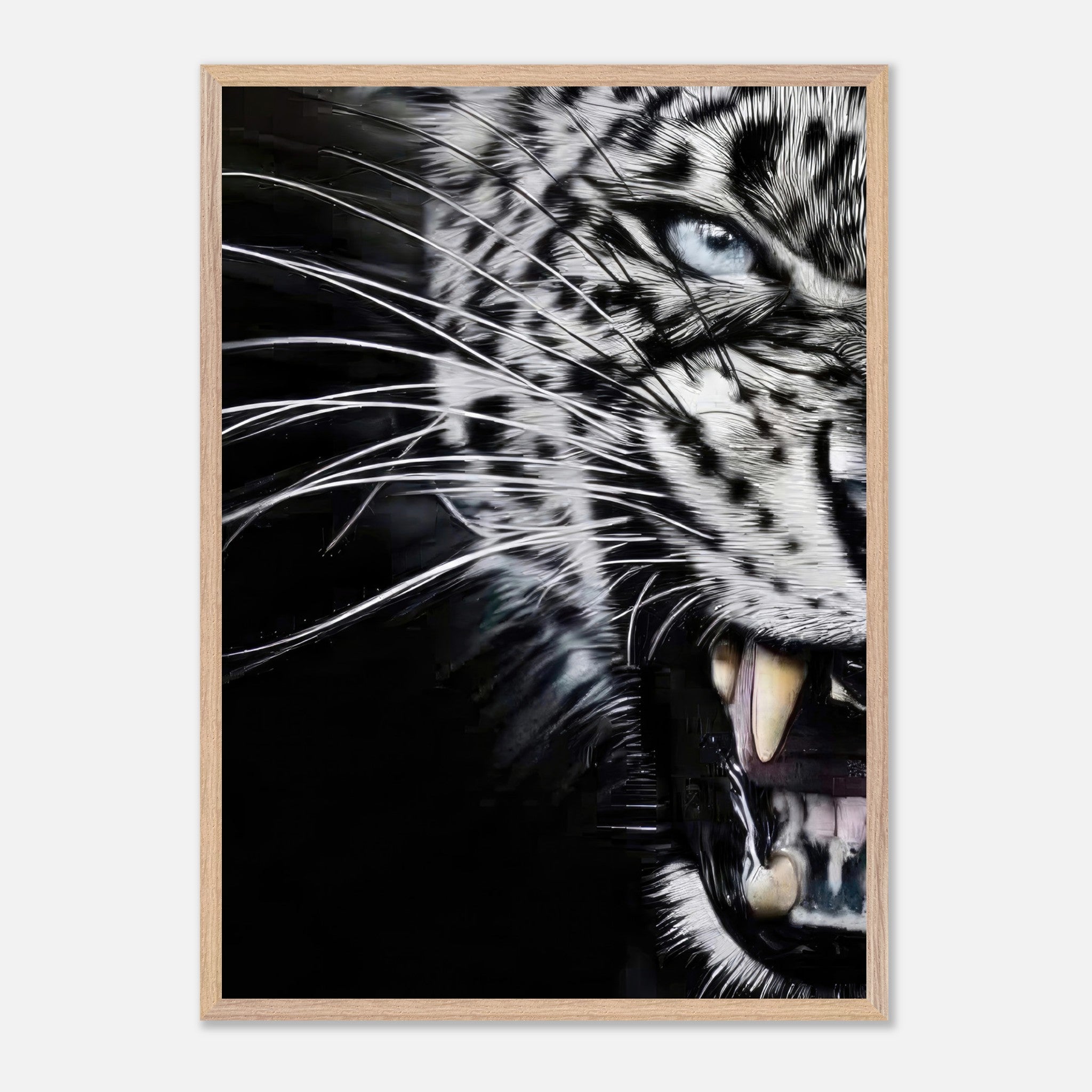Close-up portrait of a fierce leopard with piercing blue eyes in a vintage frame, showcasing raw beauty and intensity.