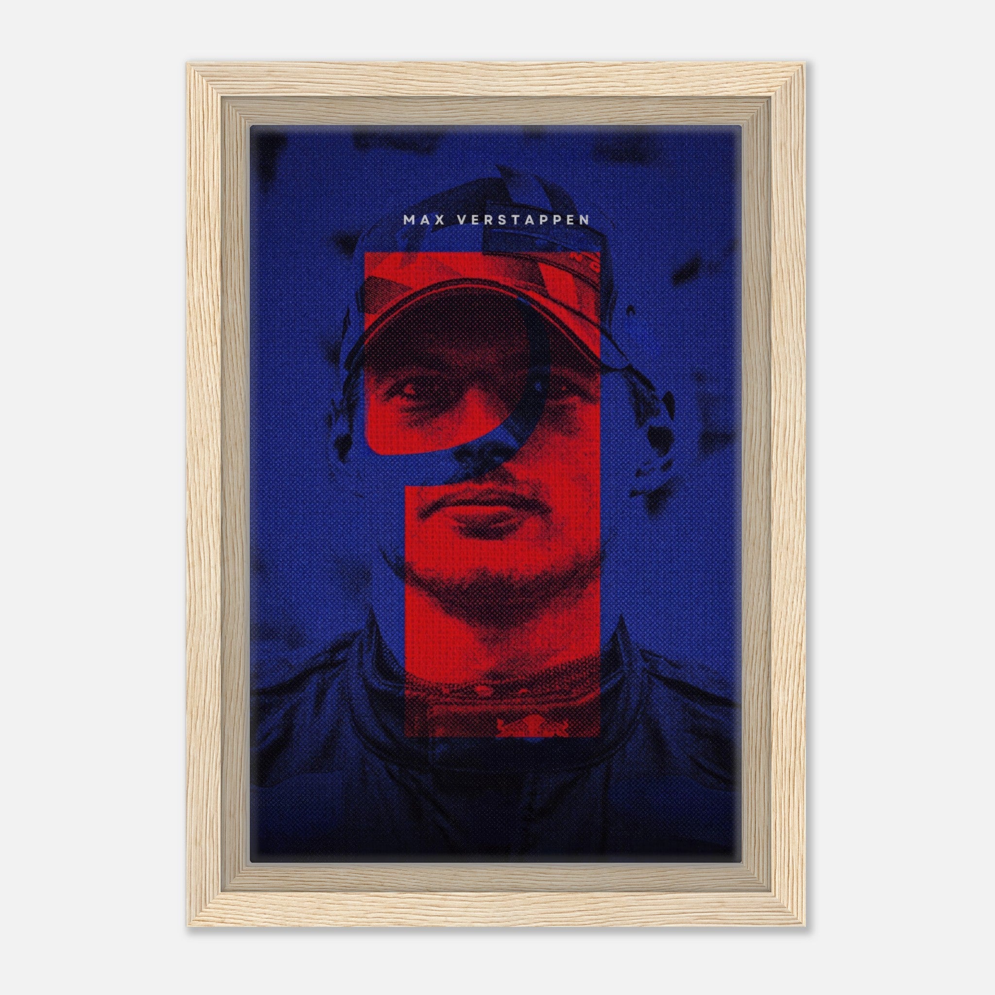 Framed canvas print of Max Verstappen, showcasing vibrant colors and dynamic F1 design in a sleek wooden frame.