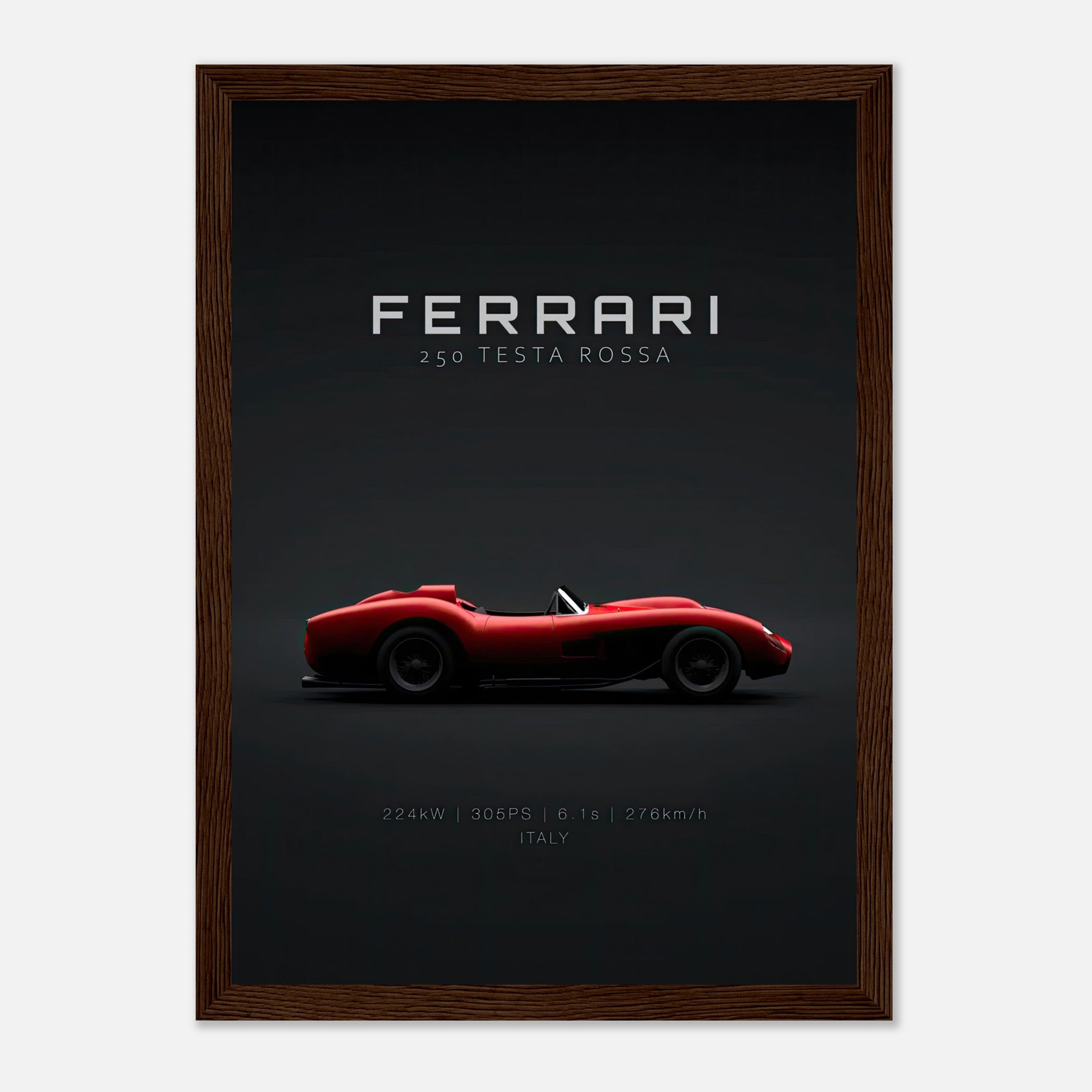 Ferrari 250 Testa Rossa framed poster showcasing sleek car profile with minimalist black background.