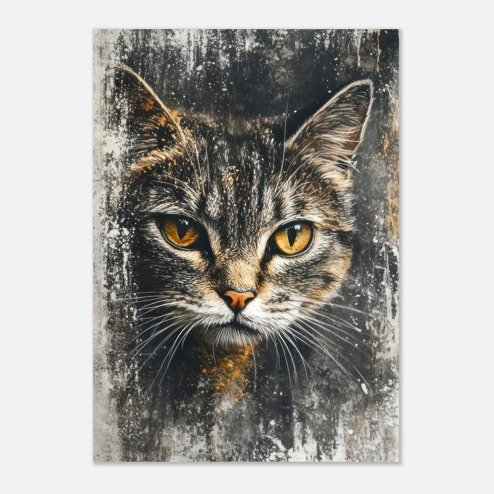 Cat painting poster featuring a striking feline portrait with golden eyes and a textured, artistic background.