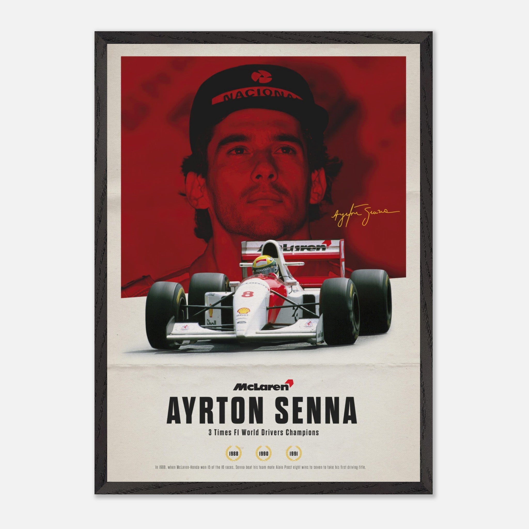 Ayrton Senna vintage framed art featuring McLaren car, signature, and championship years 1988, 1990, 1991.