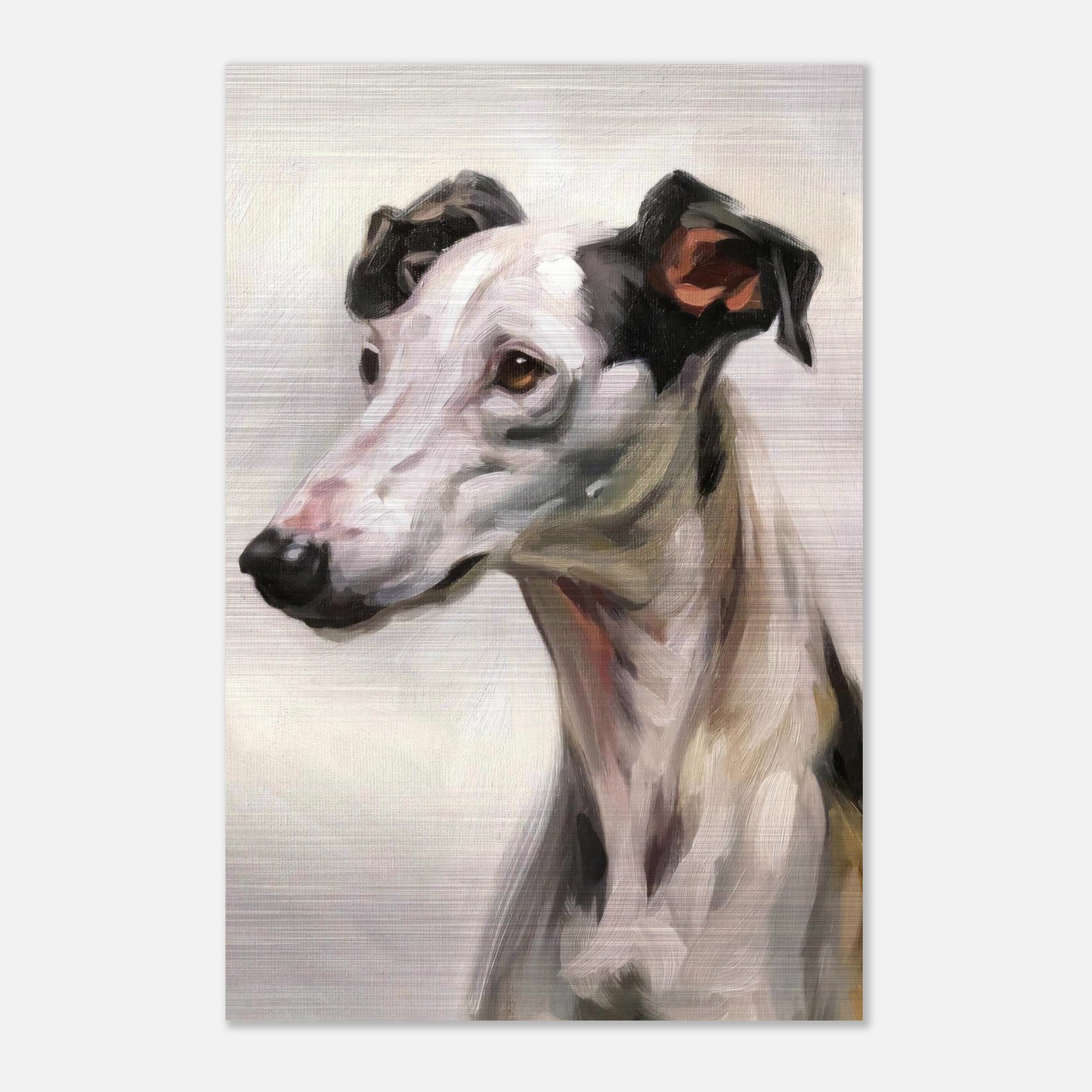 Greyhound dog painting on brushed metal showcasing elegance and grace with detailed brushstrokes and modern design.