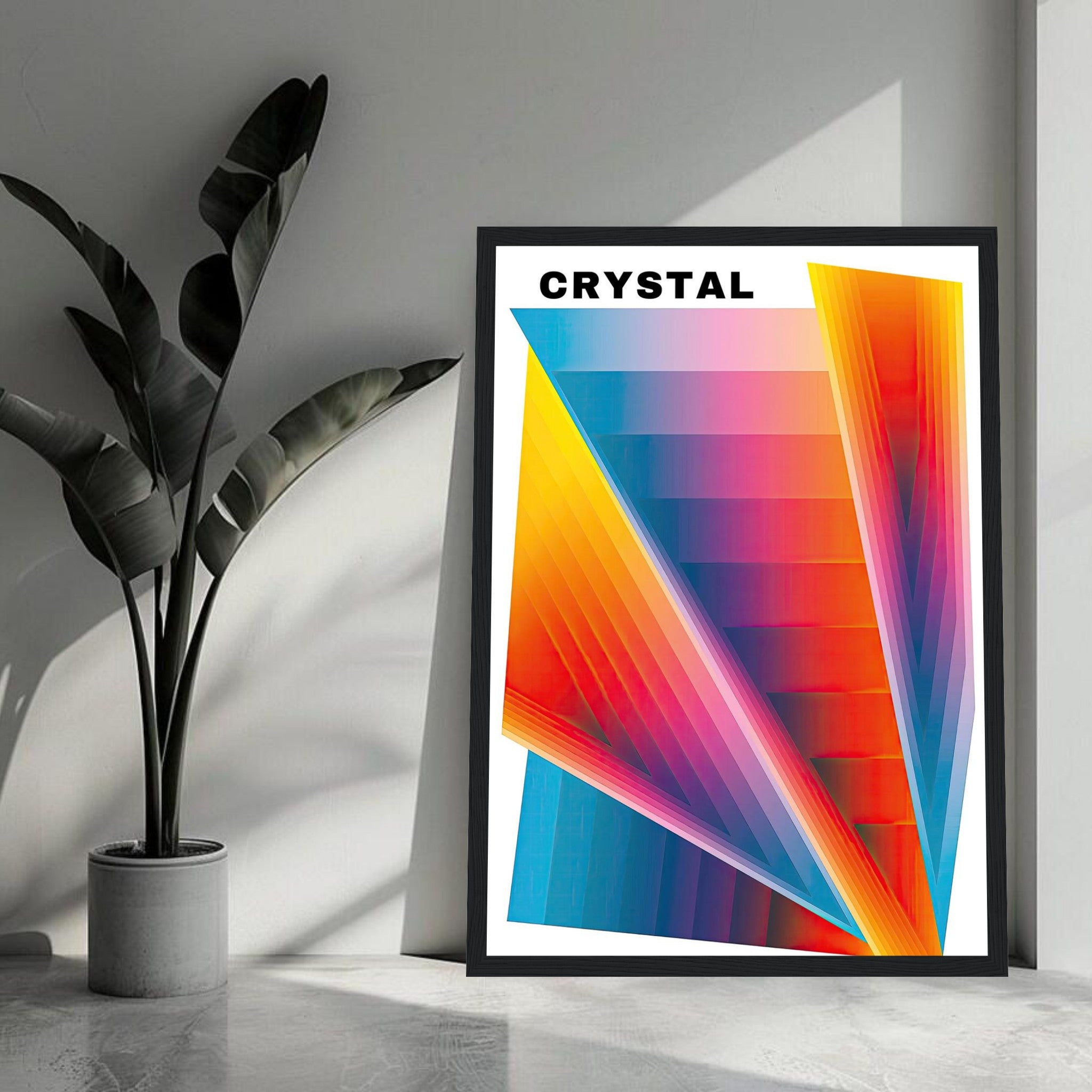 Crystal Abstract Art Framed Print with vibrant hues and geometric patterns in a modern interior setting.