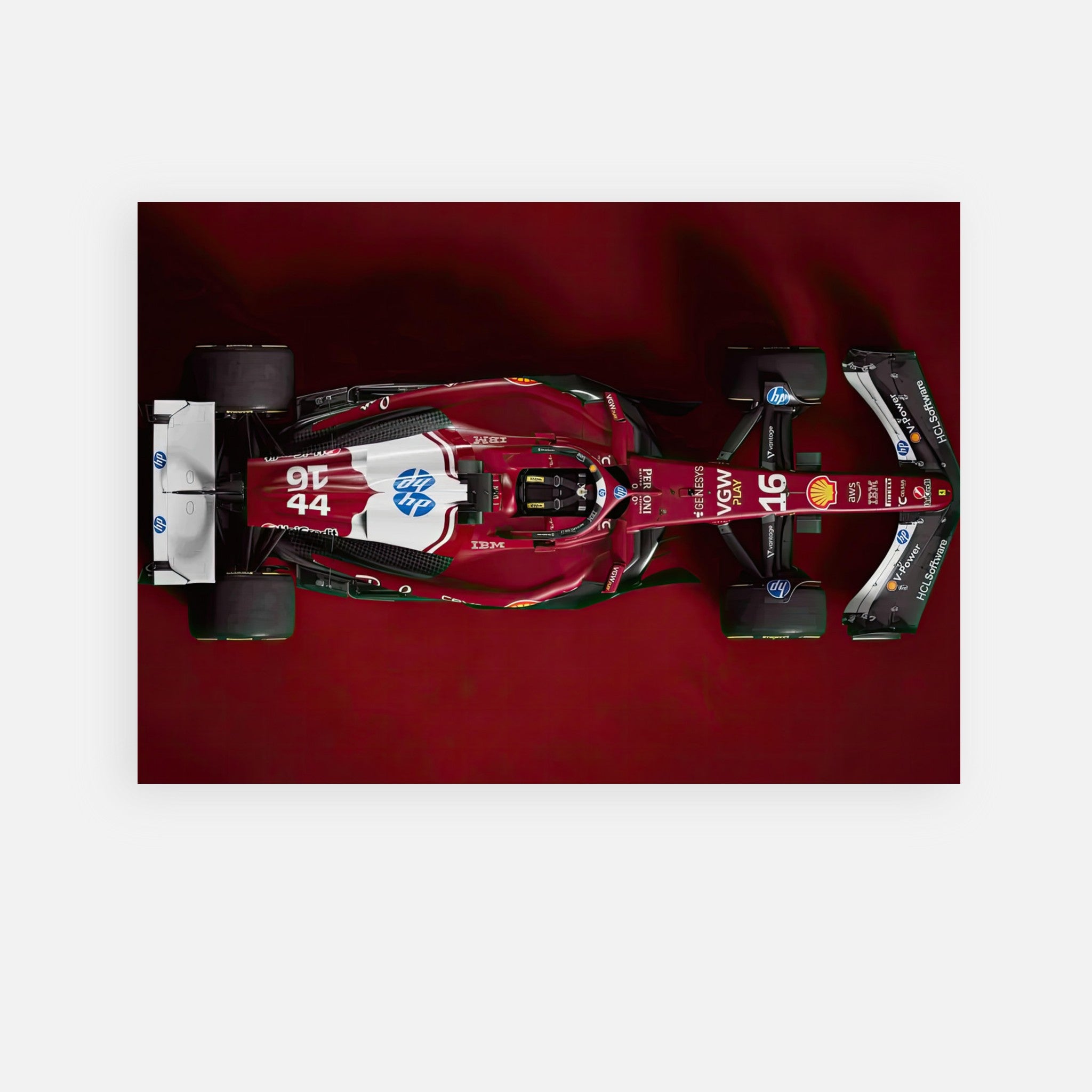 Top-down view of Ferrari F1 2025 poster showcasing aerodynamic design and sponsor livery.