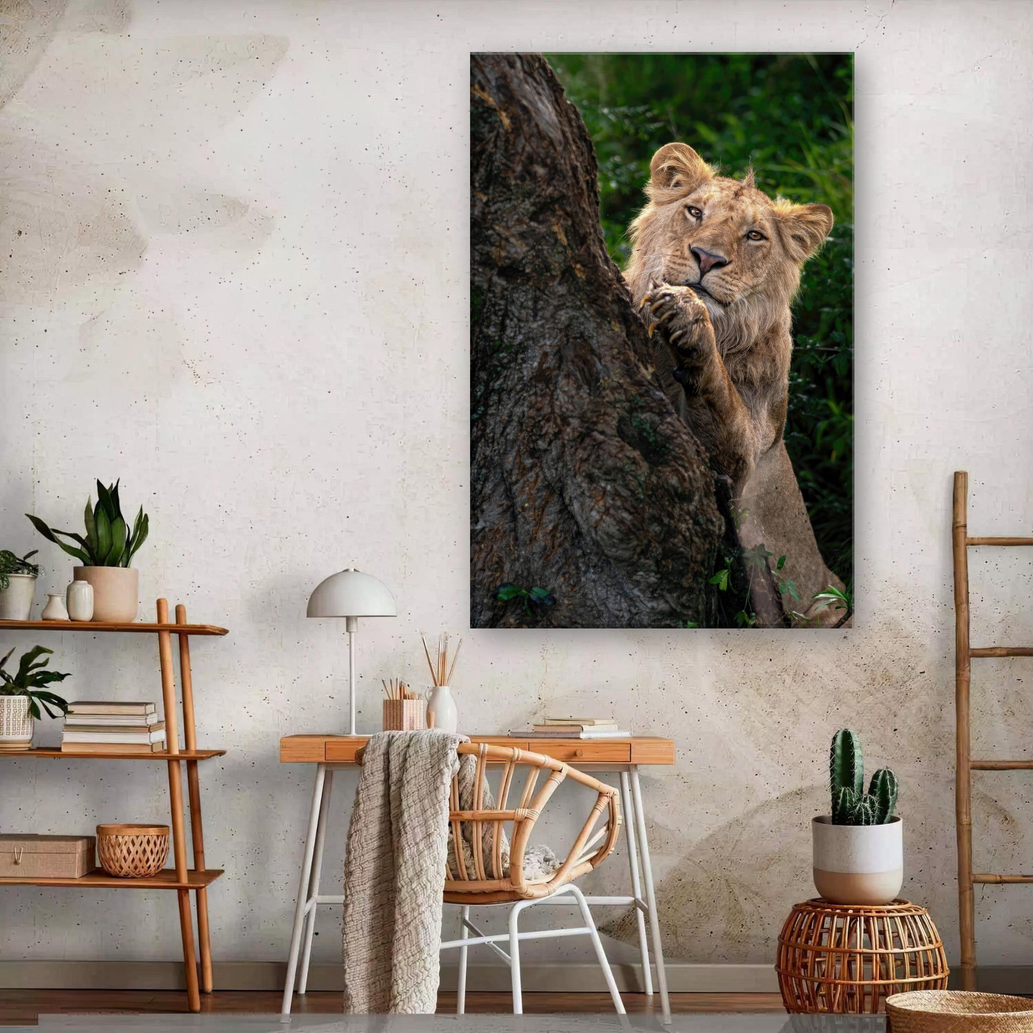 Playful lion canvas art depicting a young lion peeking from behind a tree in a bright, vibrant interior.