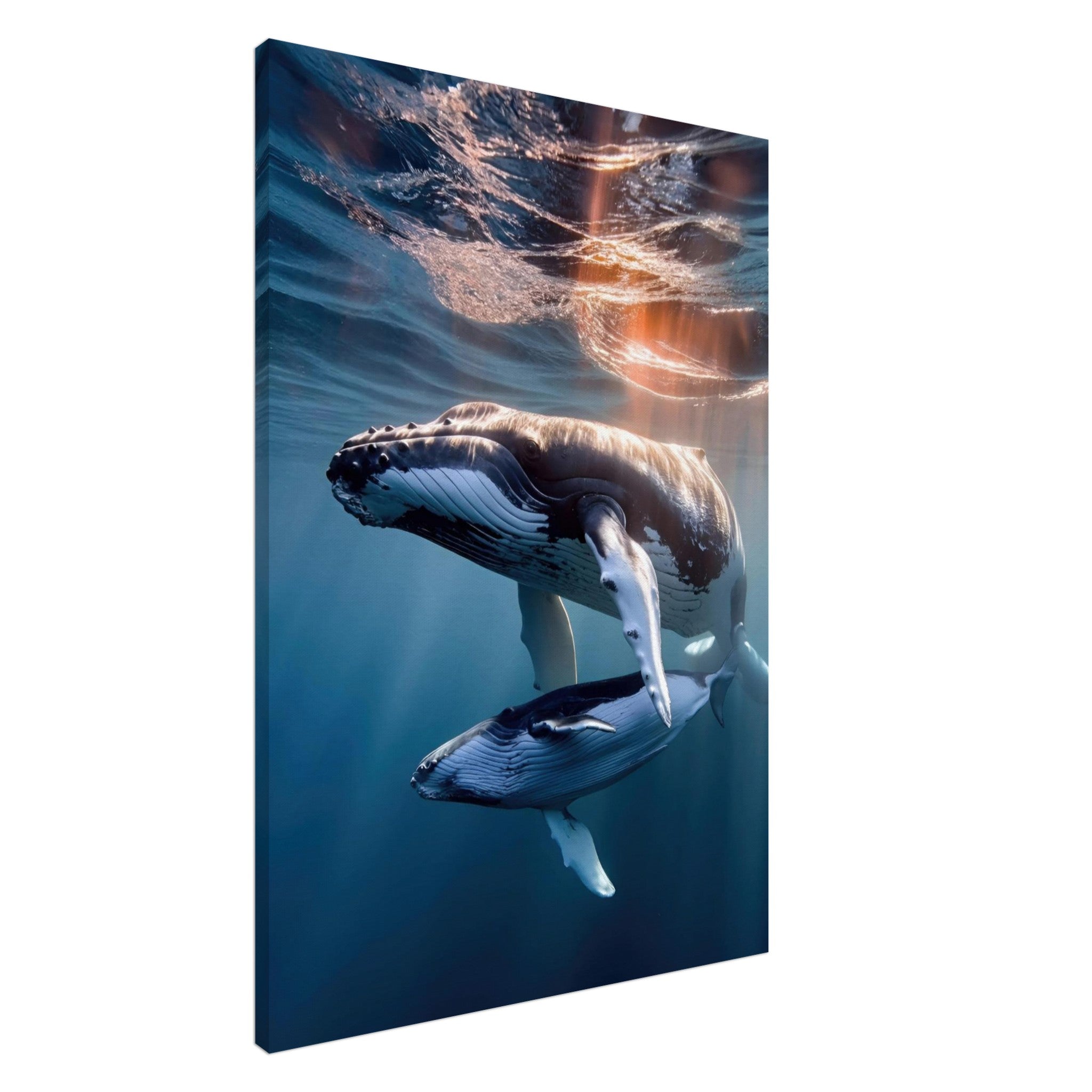 Underwater photography canvas print of a mother humpback whale swimming with her calf in serene blue water.