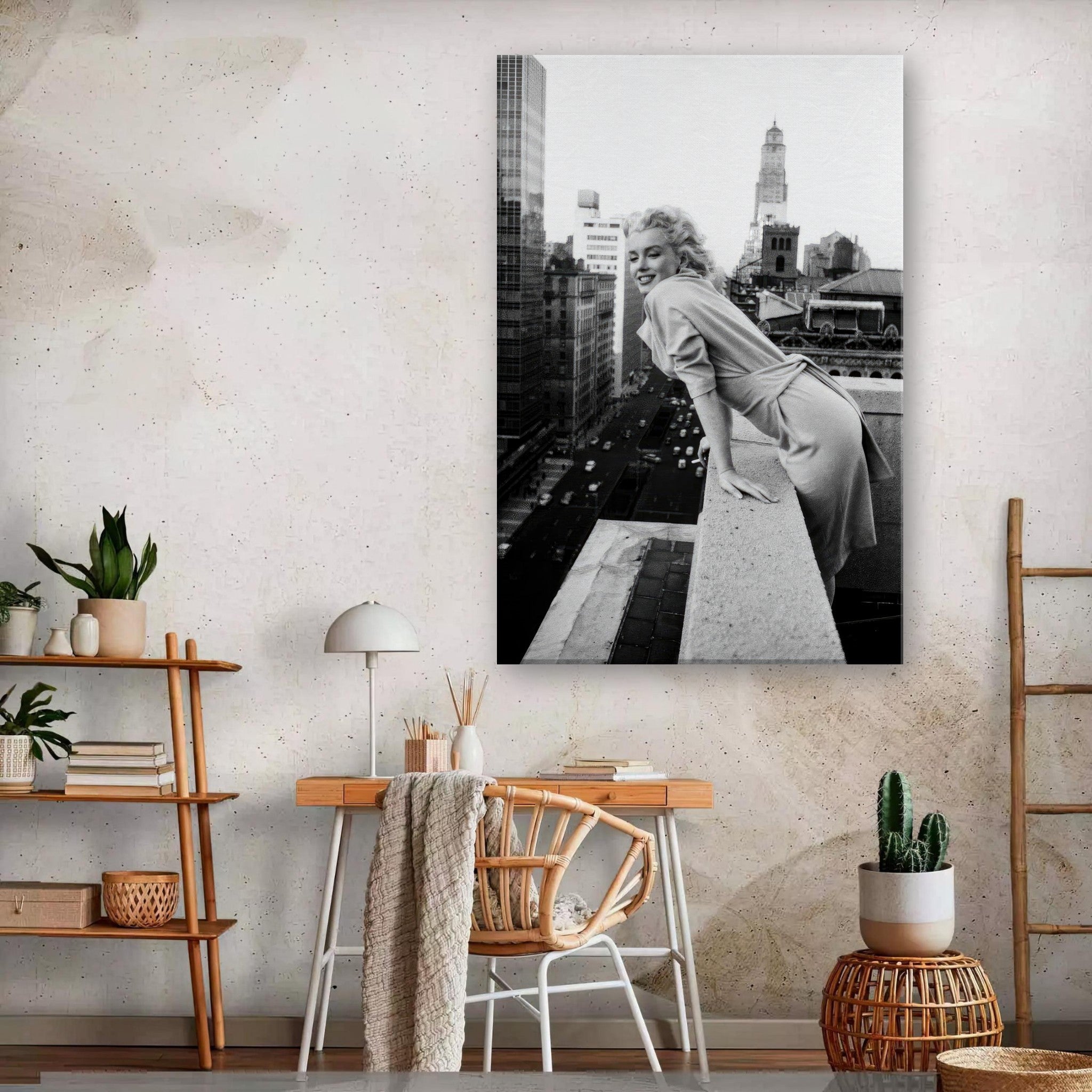 Marilyn Monroe on New York rooftops canvas art, black-and-white vintage Hollywood elegance.