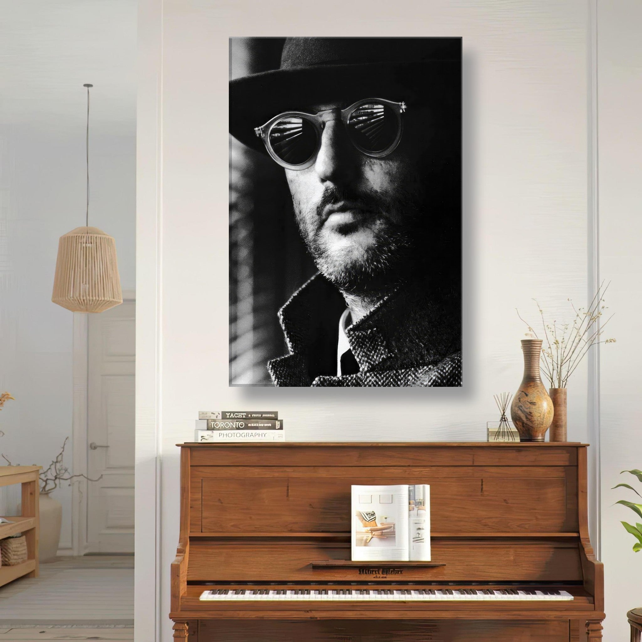Black-and-white canvas print of a man in sunglasses, adding sophistication to modern interior decor.