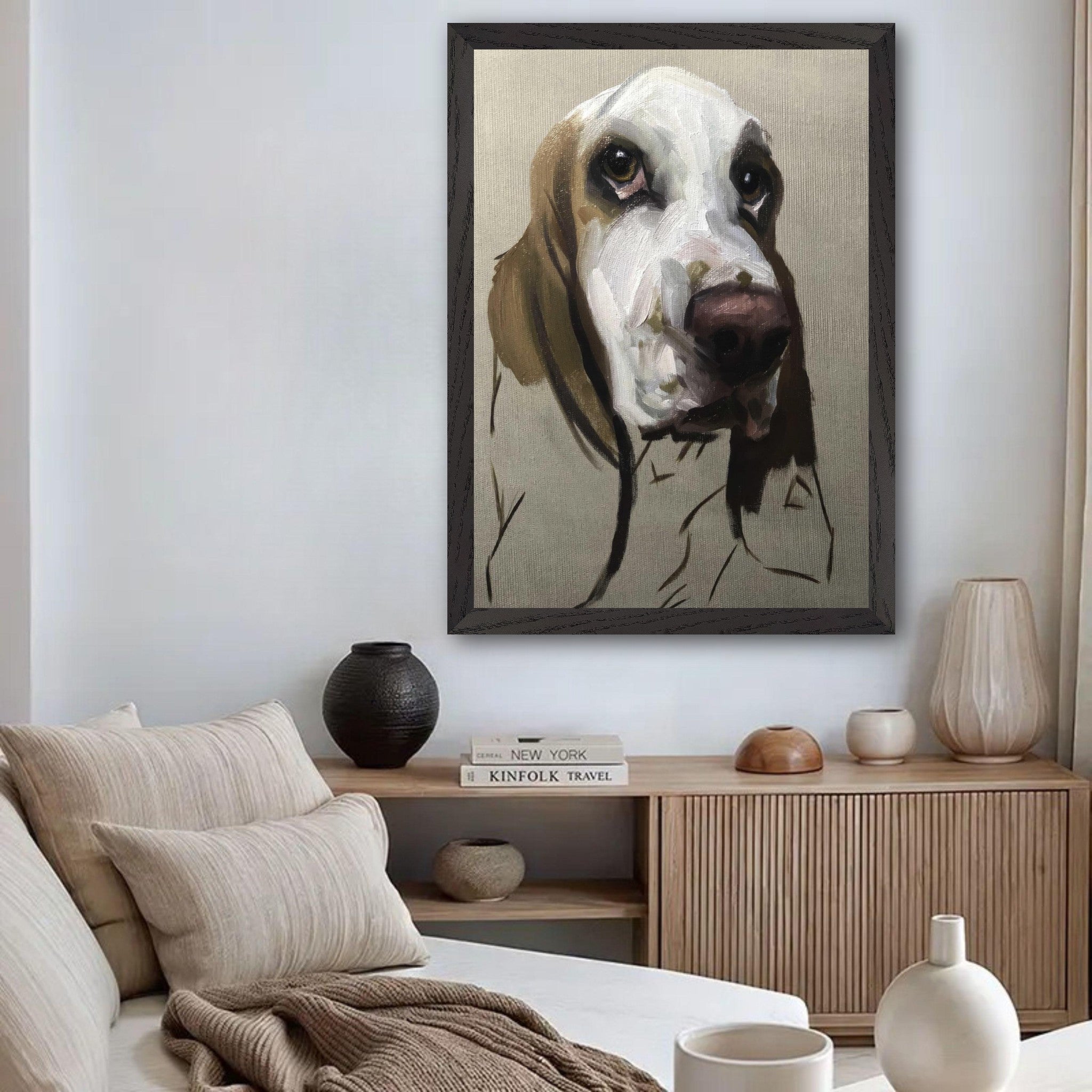 Basset Hound dog painting in vintage frame, adding charm to a cozy living room decor.