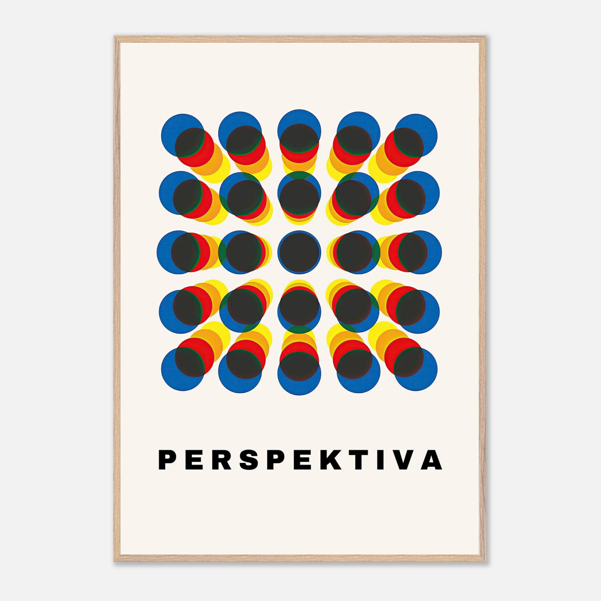 Perspective Abstract Art print featuring geometric shapes in blue, yellow, and red, titled 'PERSPEKTIVA'.