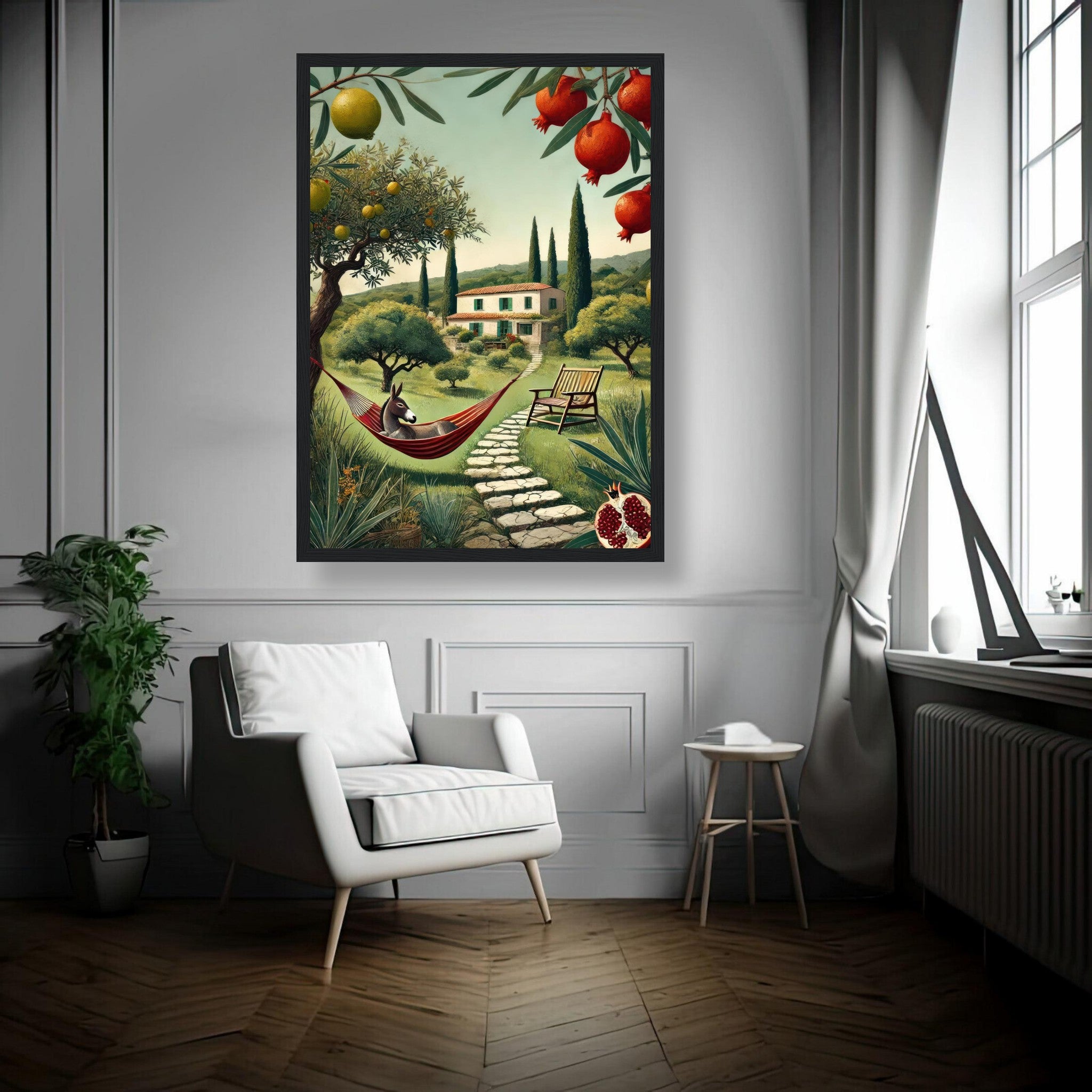 Mediterranean rural landscape framed print featuring a donkey in a hammock, villa, greenery, and fruit trees.