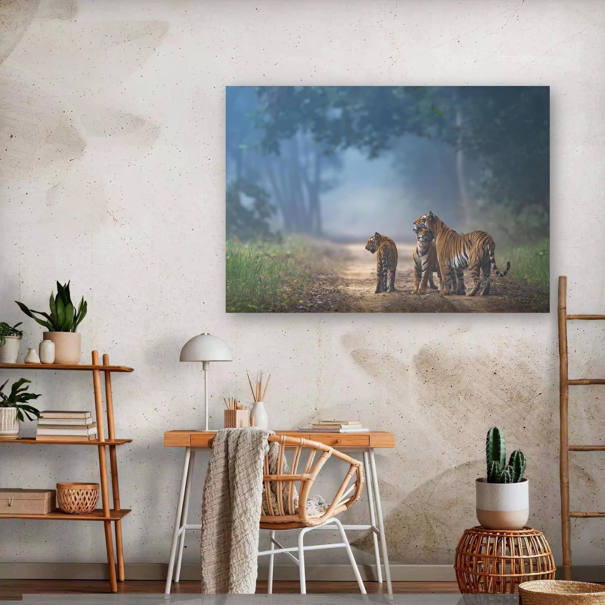 The Bond of Tigers metal print showcasing a tiger family in a serene forest setting.