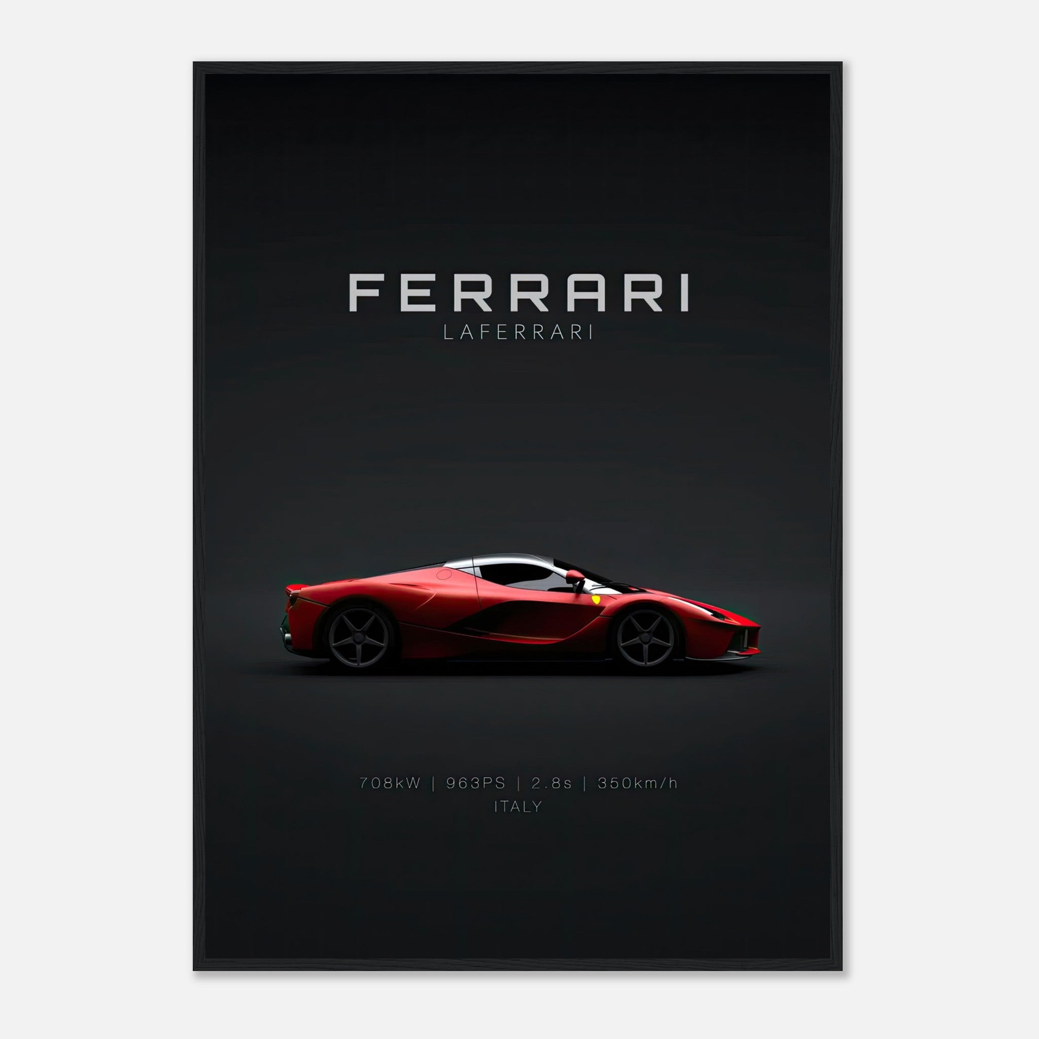 Ferrari Laferrari Framed Poster showcasing the iconic hypercar in vibrant red against a sleek dark background.