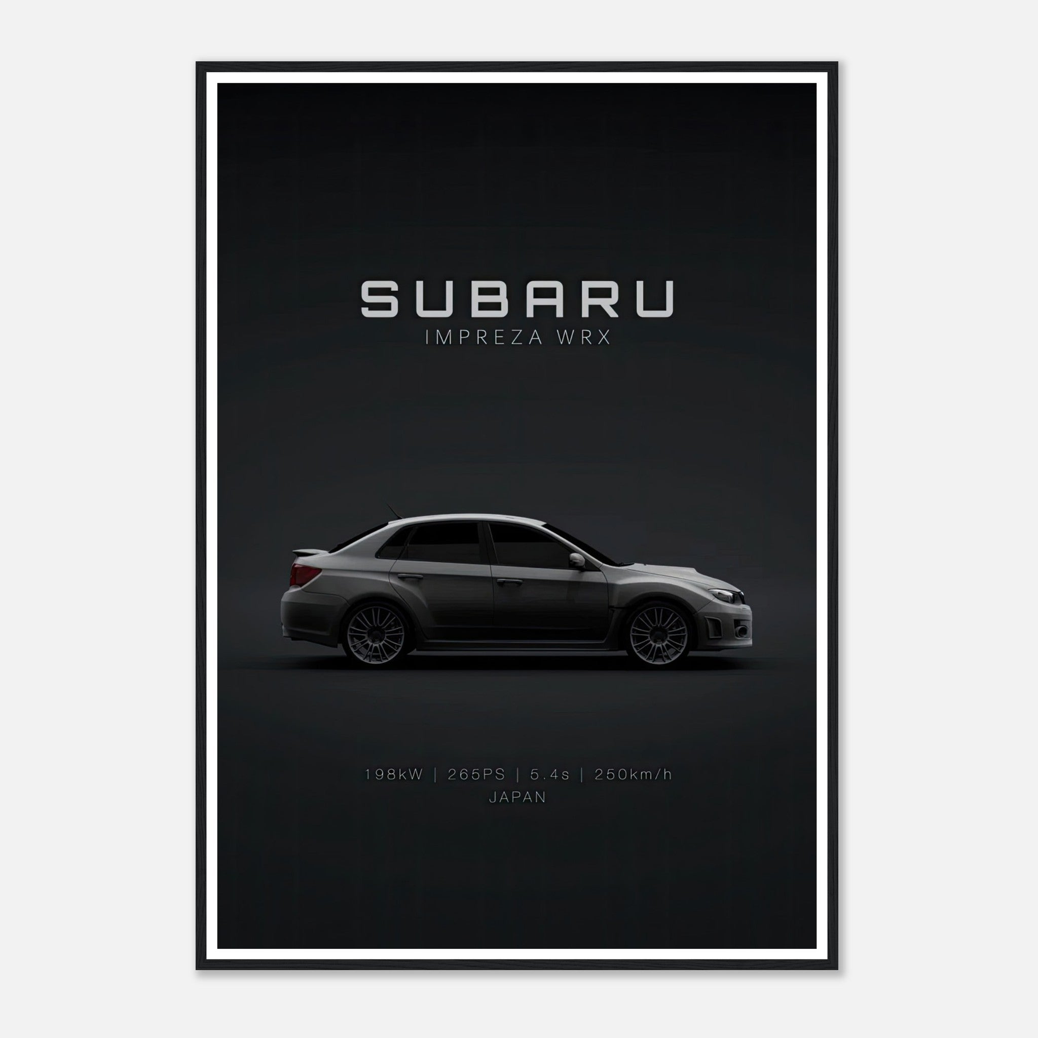 Subaru Impreza WRX framed poster featuring sleek design on dark background, showcasing speed and performance.