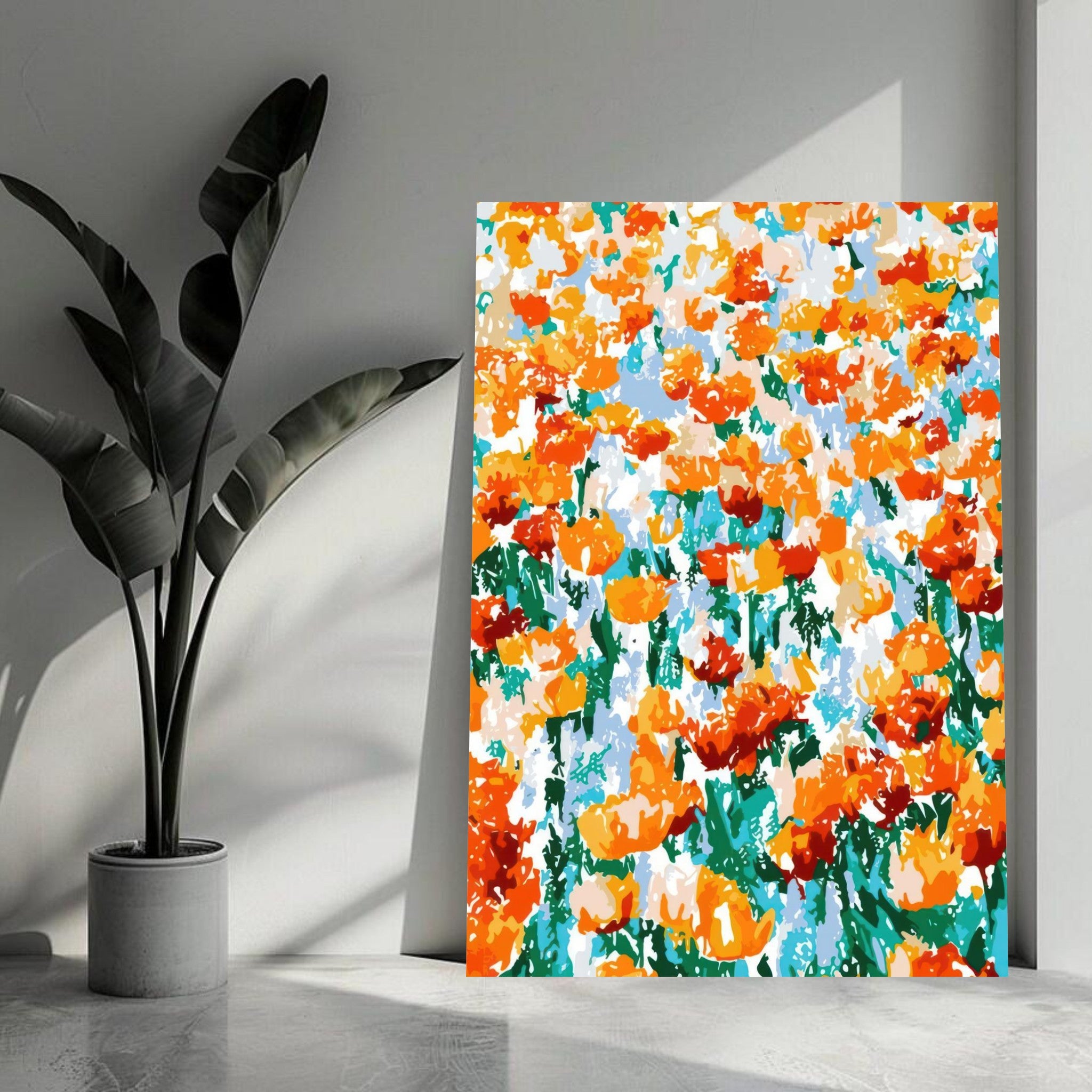 Vibrant abstract tulip garden metal print in orange, red, and yellow hues enhancing modern decor.