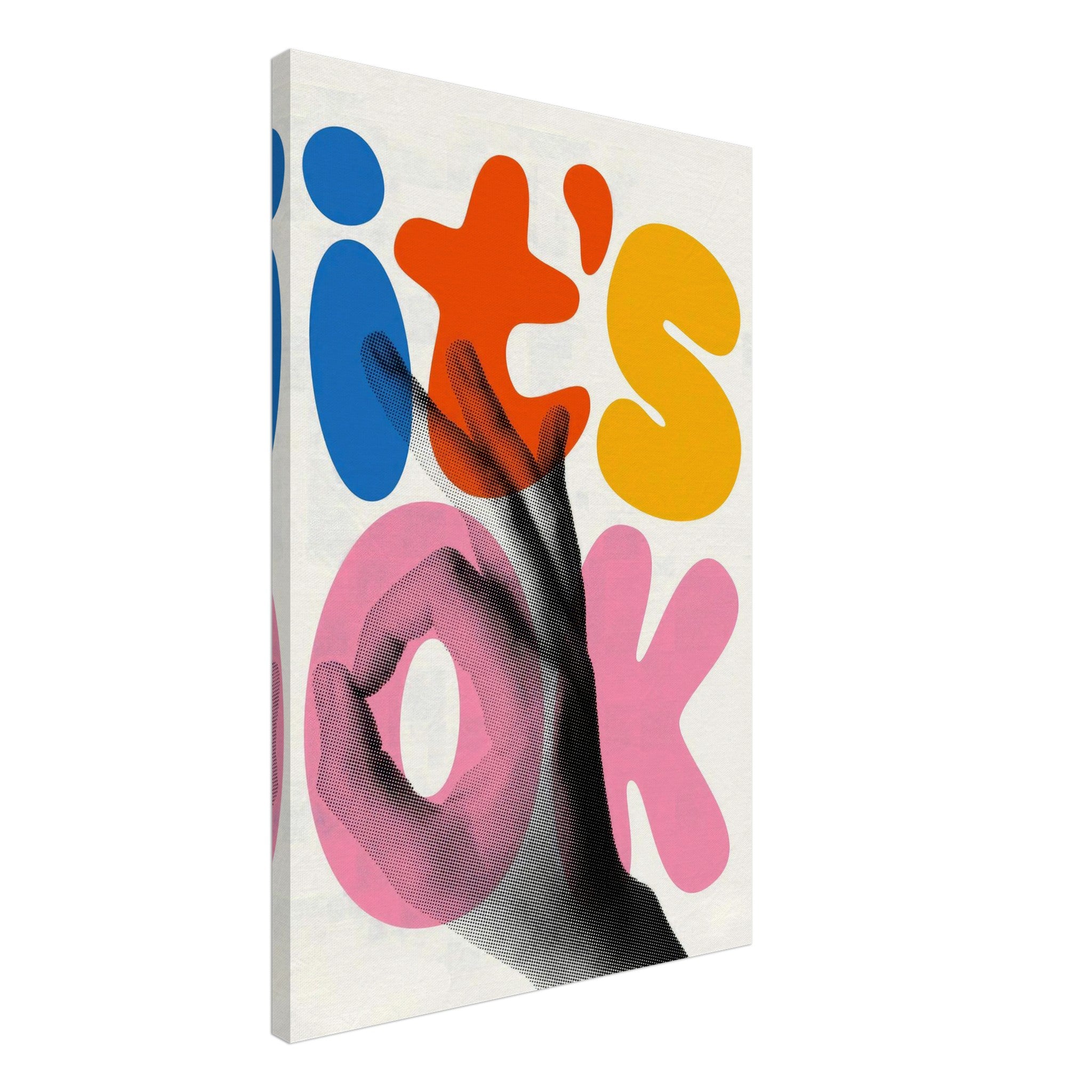 Retro Abstract Pop Art canvas print featuring colorful typography and a nostalgic hand gesture.