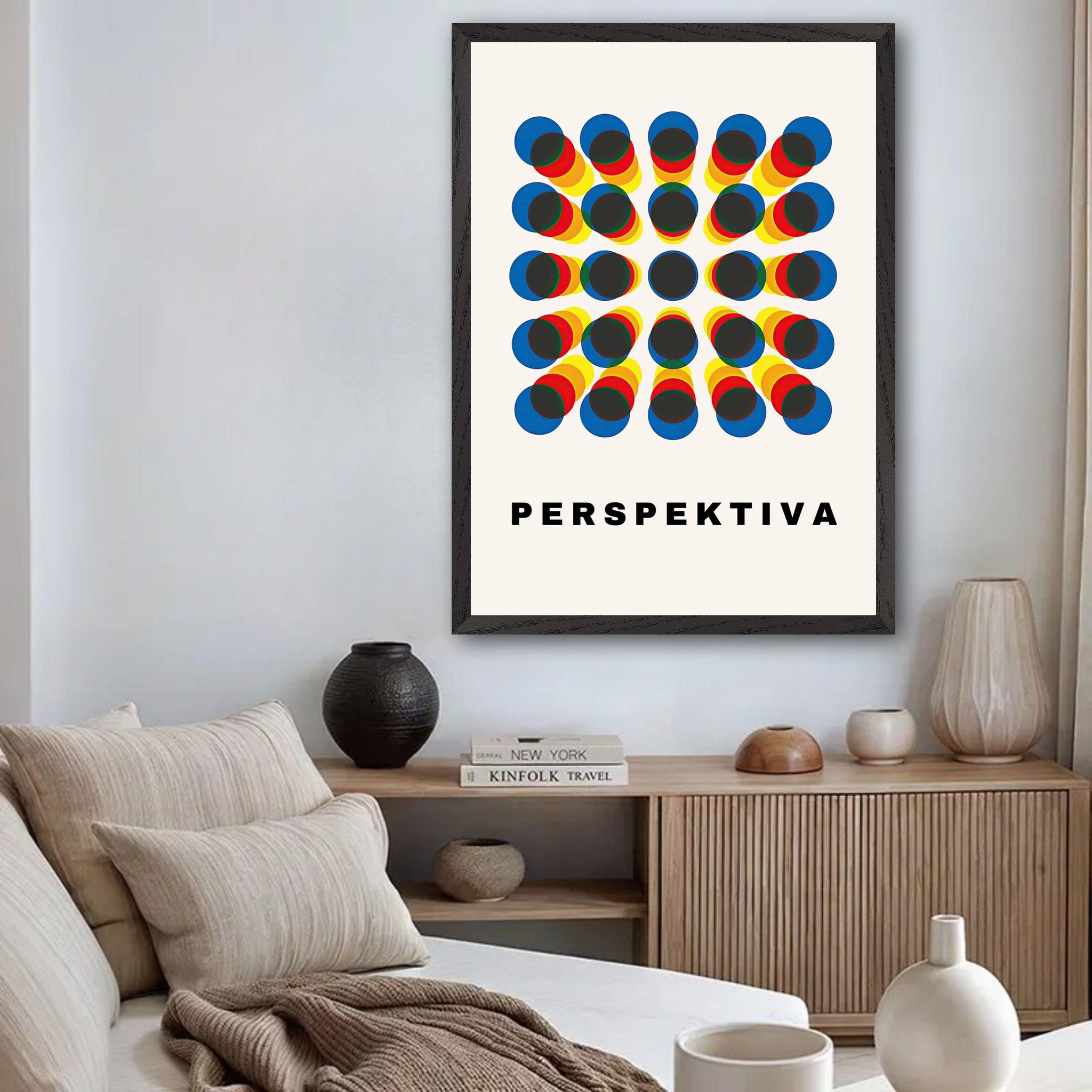 Perspective Abstract Art print in modern living room, featuring geometric design with bold colors.