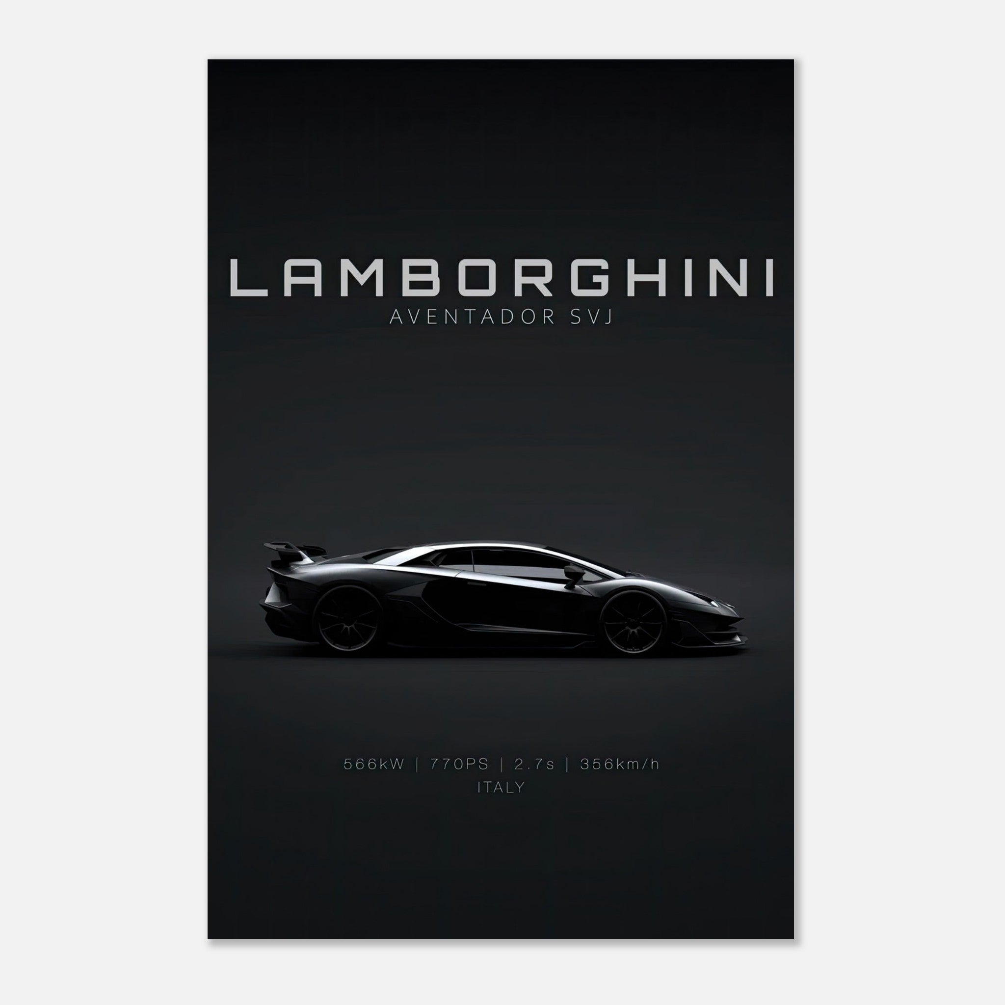 Lamborghini Aventador SVJ metal print showcasing sleek design and powerful performance.