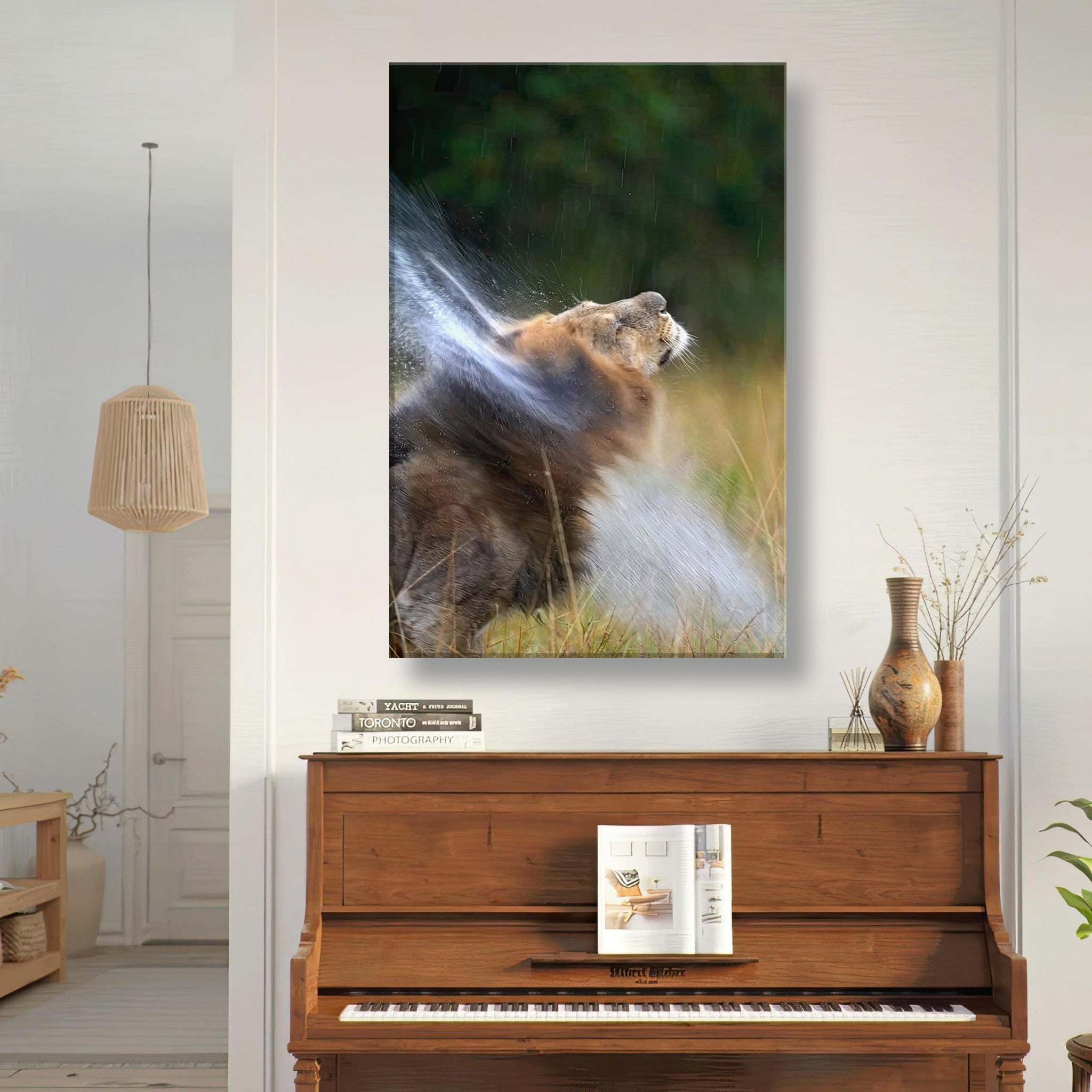 Lion shaking off water captured on canvas, showcasing the majestic beauty and vitality of nature.
