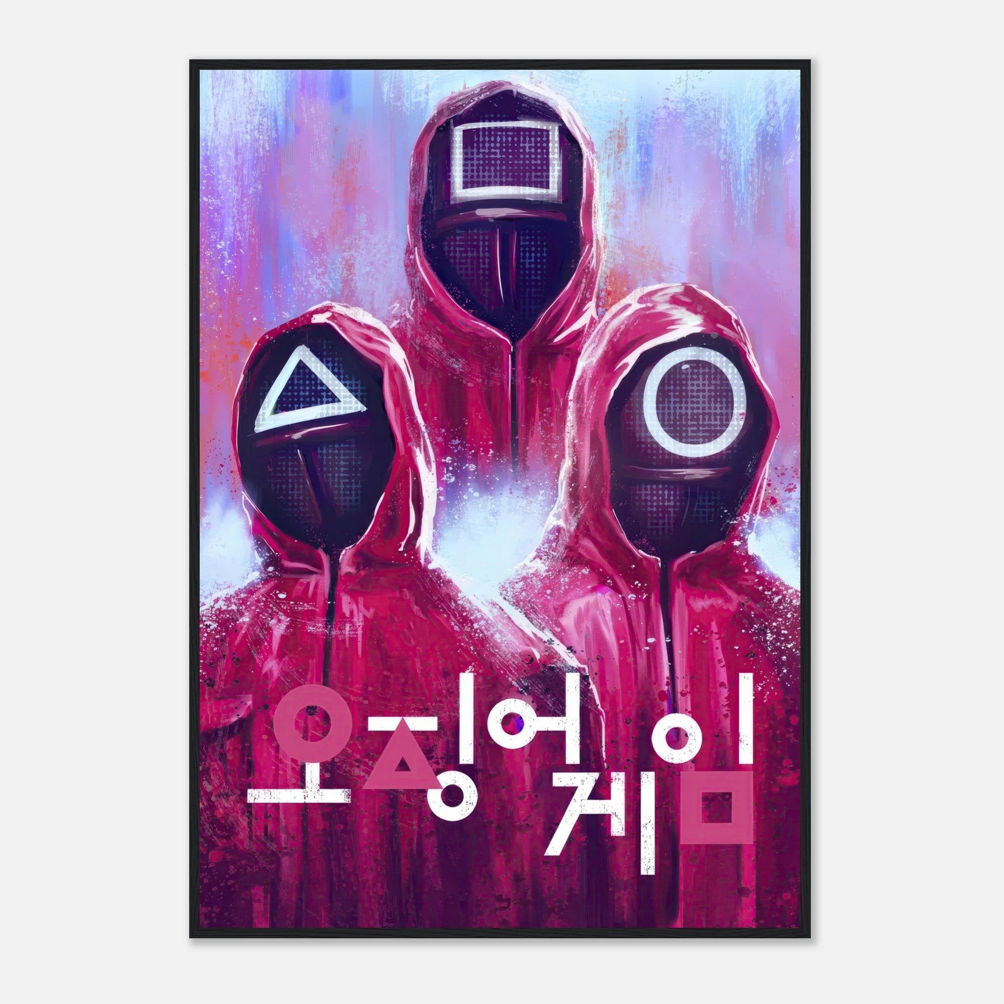 Framed Squid Game poster featuring iconic guards in red suits and geometric masks with bold Korean typography.