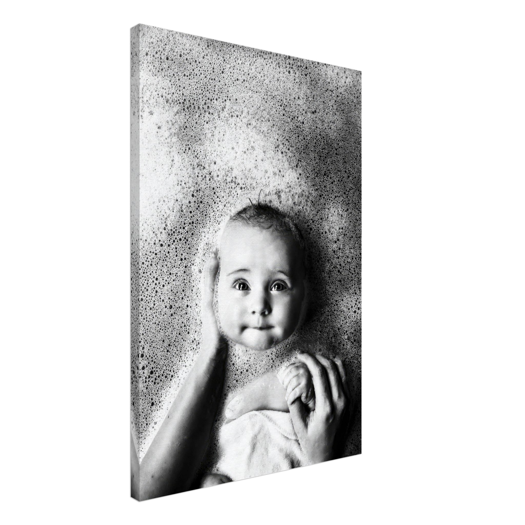 Black-and-white canvas print of a baby in a bubble bath, capturing joy and innocence during bath time.
