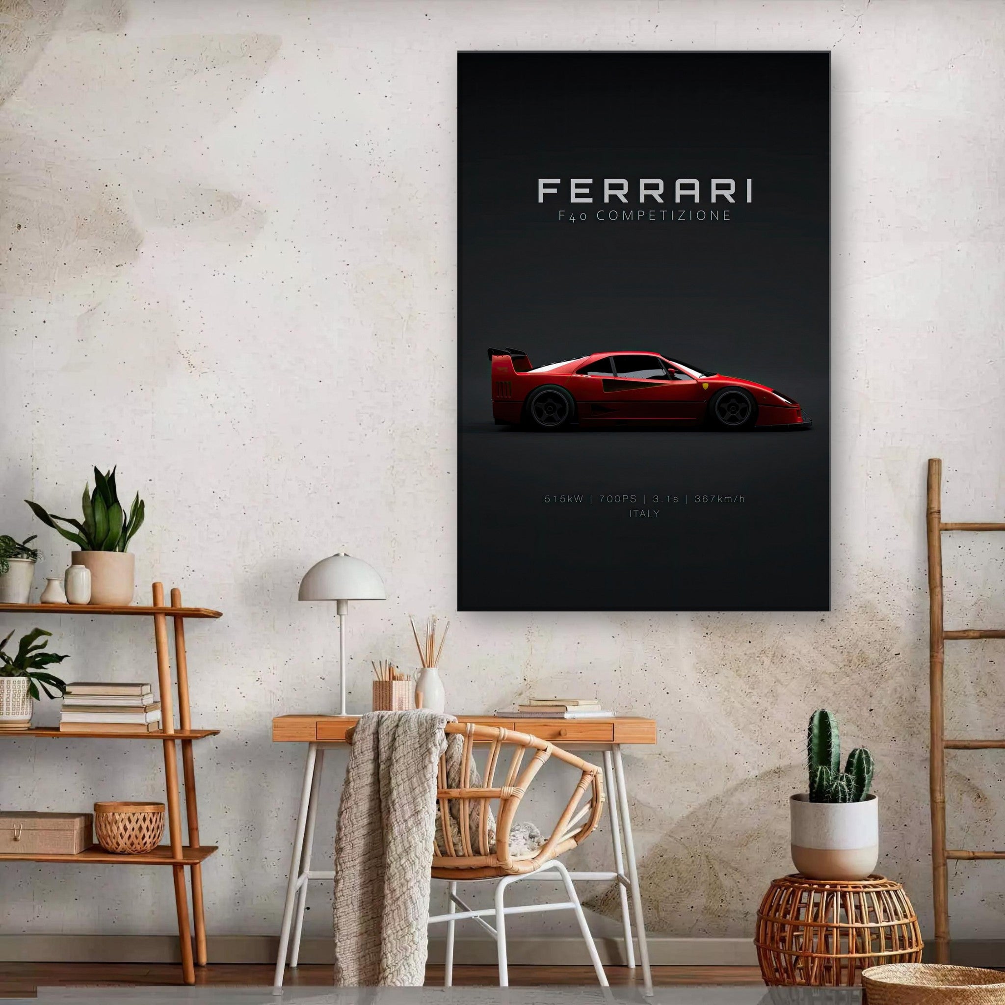 Ferrari F40 Competizione canvas artwork showcasing iconic red supercar against a minimalist black background.