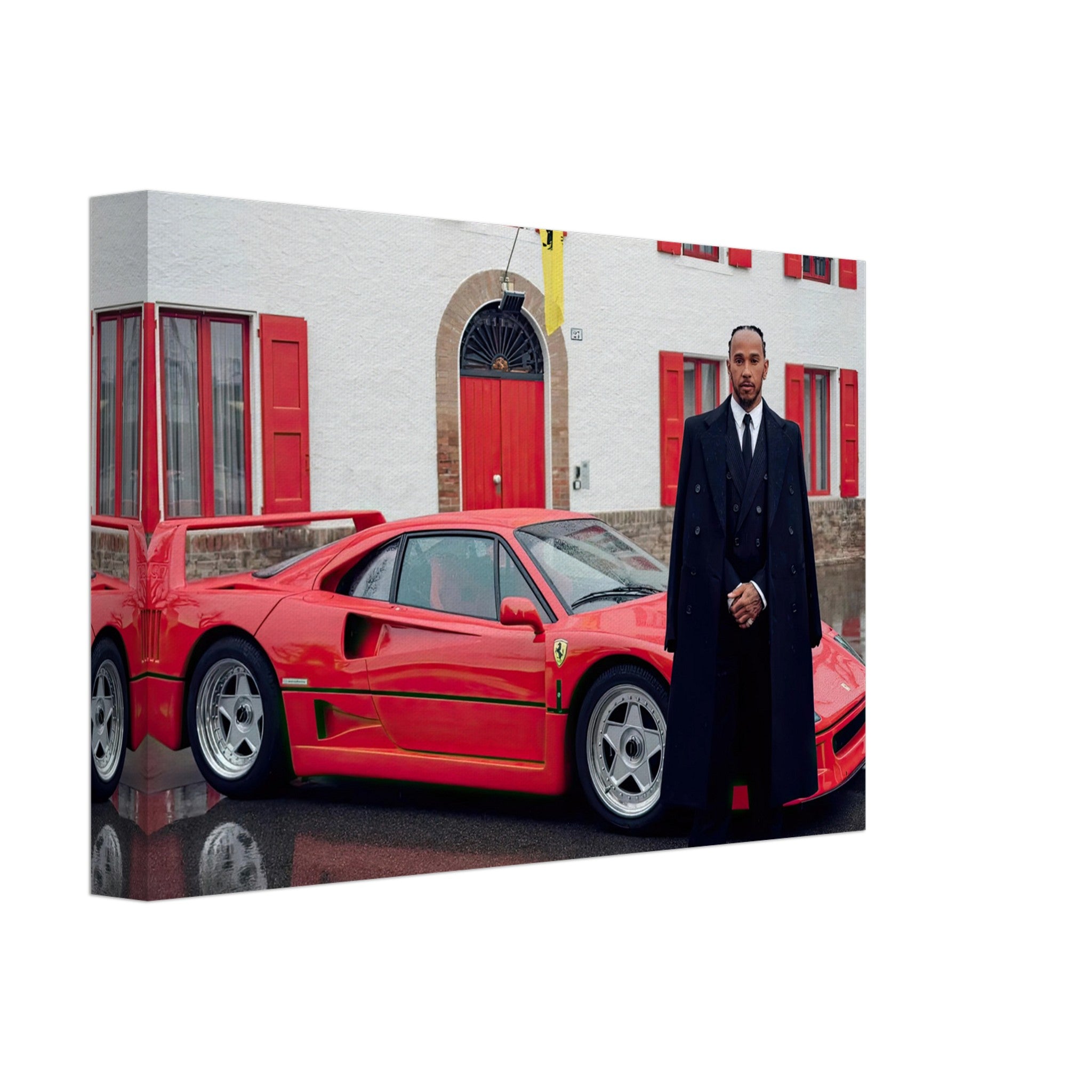 Lewis Hamilton standing beside a Ferrari F40 in front of Enzo Ferrari's house, vibrant canvas art.