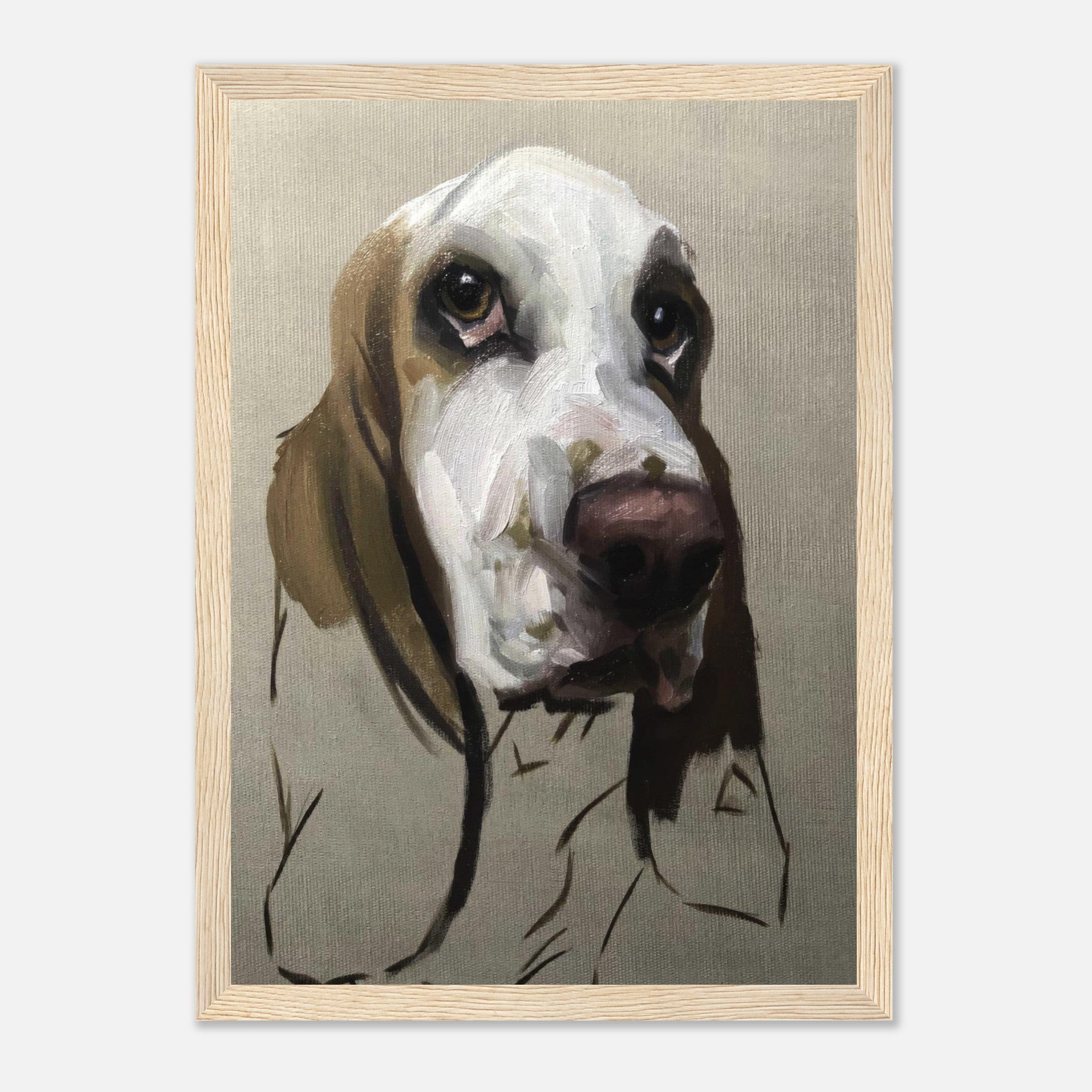 Basset Hound dog painting framed print showcasing soulful eyes and gentle expression.