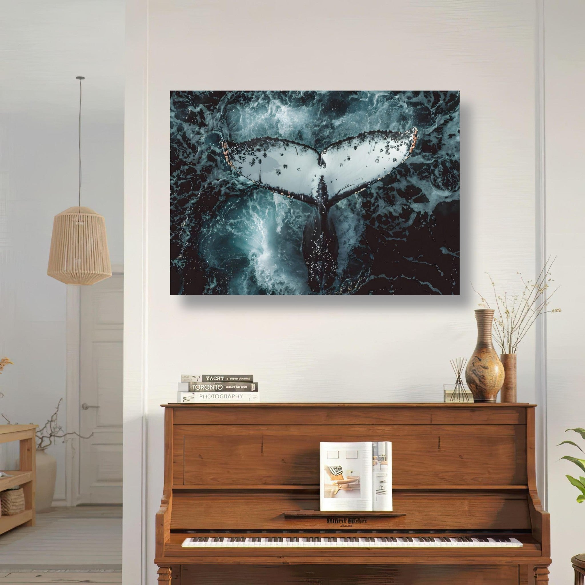 Aerial view of a humpback whale's tail emerging from ocean waves, showcased as a stunning wall poster.