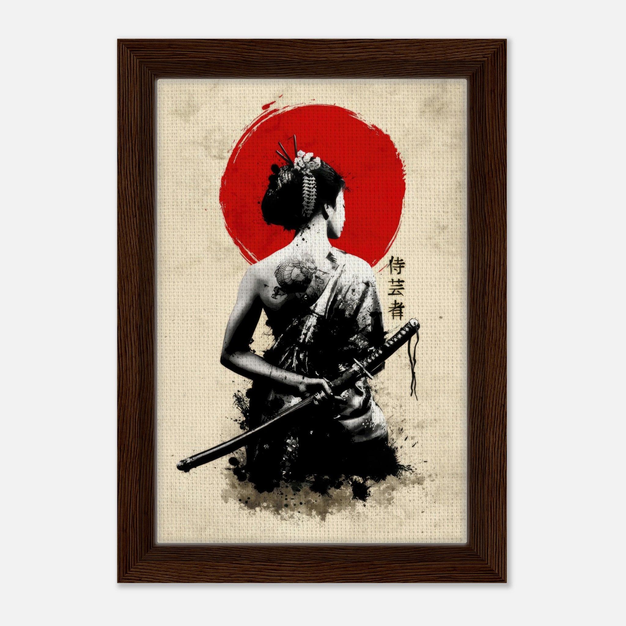 The Samurai Geisha Framed Canvas art featuring a geisha with a katana against a vibrant red sun backdrop.