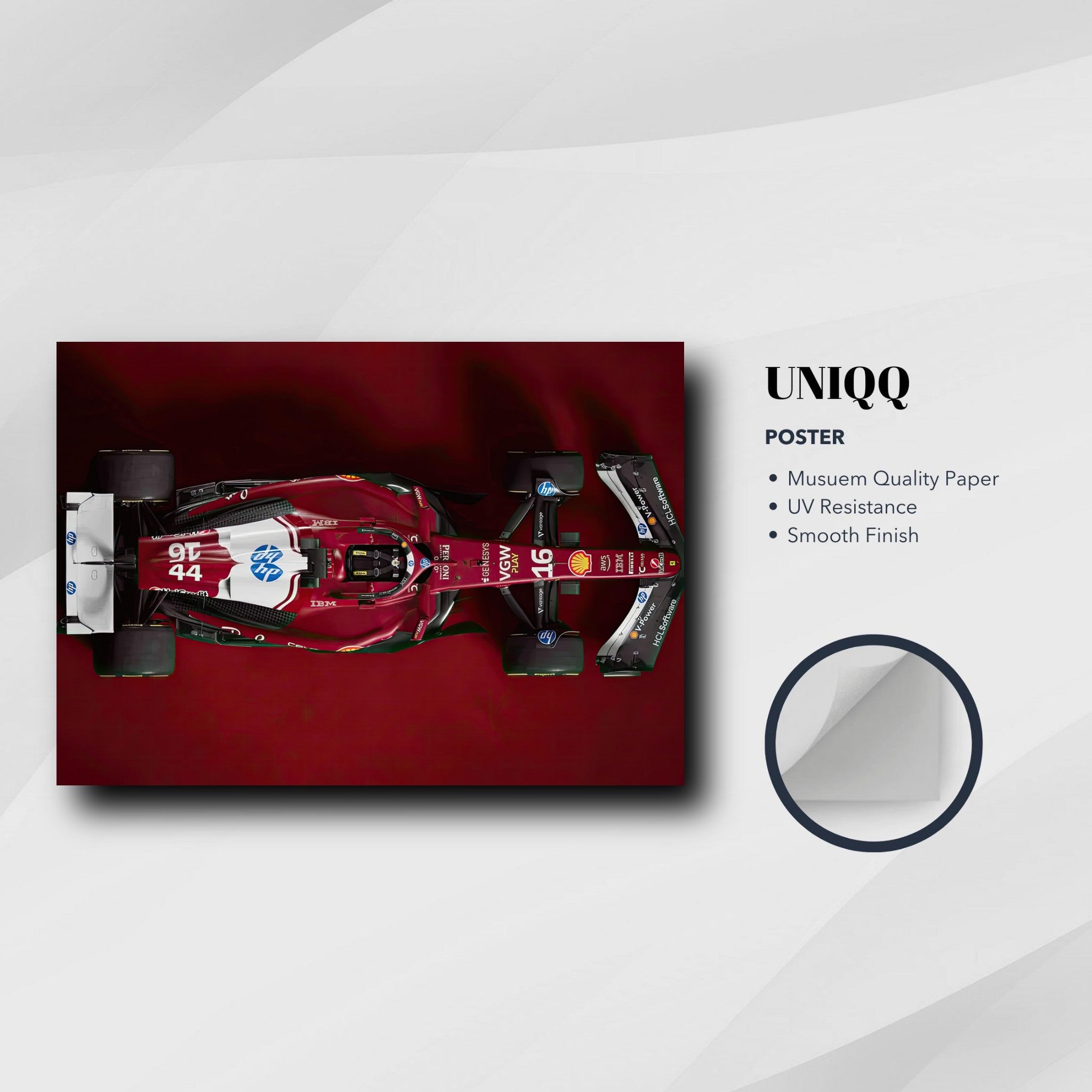 Ferrari F1 2025 poster showcasing top-down view, highlighting aerodynamic design and sponsor livery on museum-quality paper.