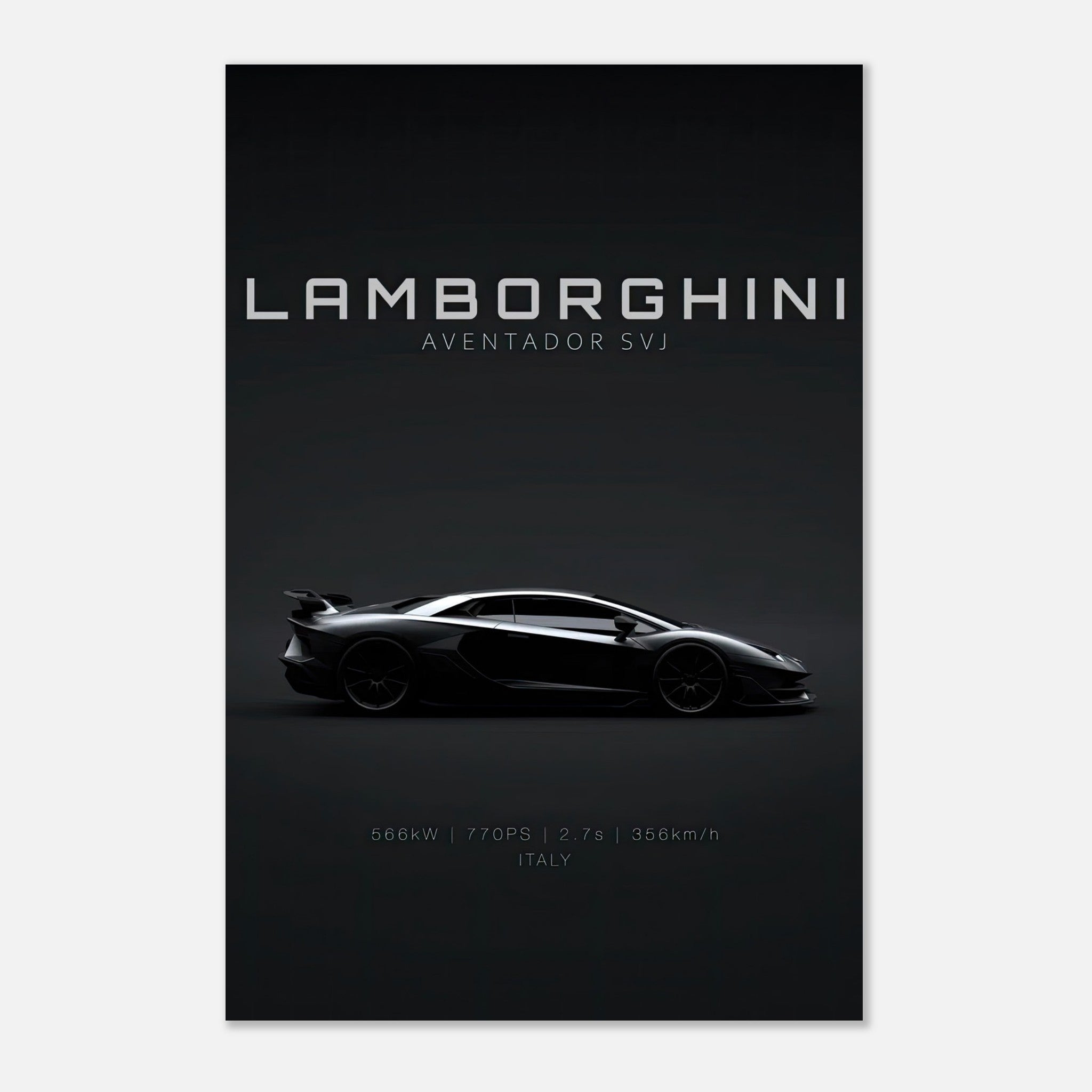 Lamborghini Aventador SVJ metal print showcasing sleek design and performance specs in stylish minimalist format.