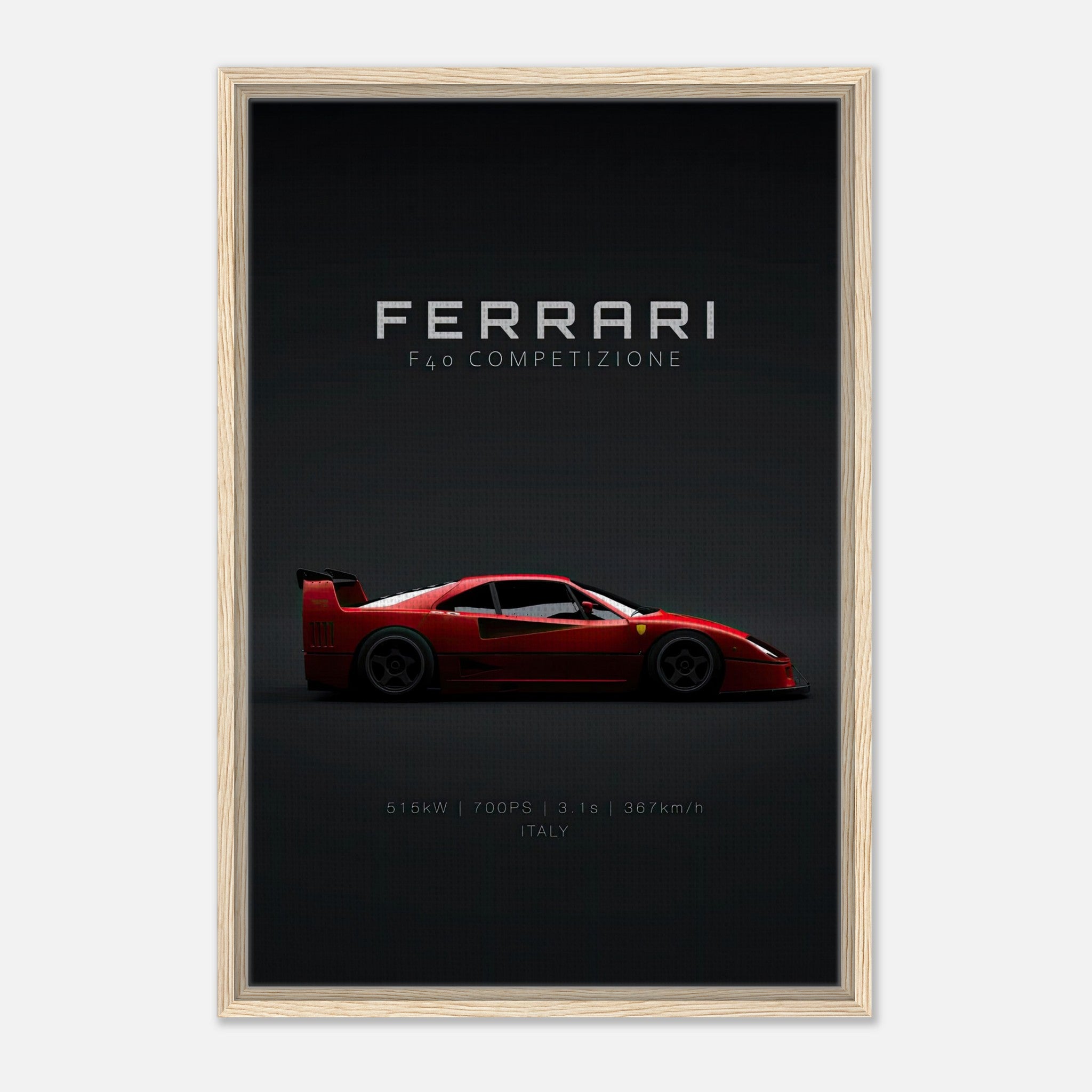 Framed canvas of Ferrari F40 Competizione showcasing its sleek design on a minimalist black background.