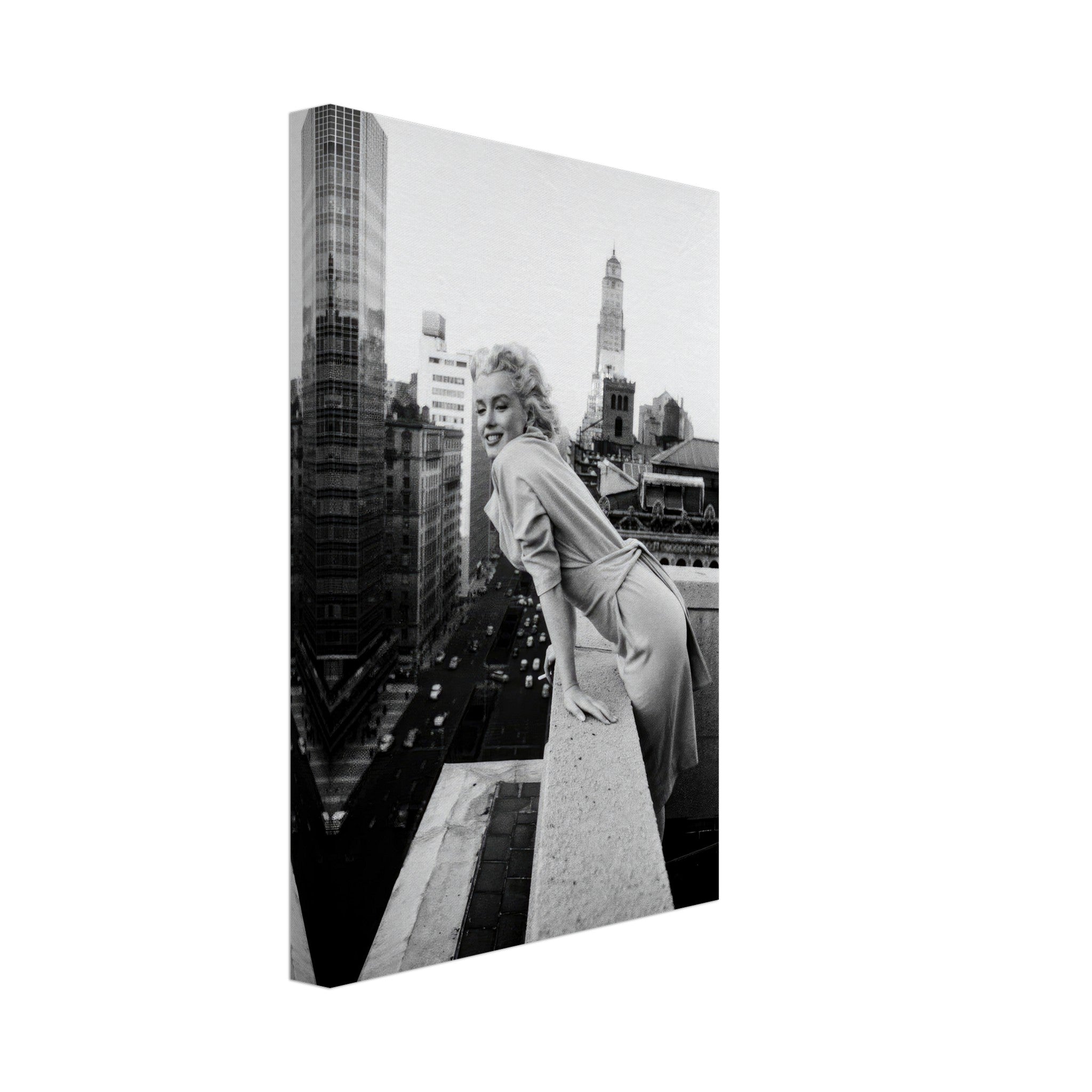 Marilyn Monroe posing on a rooftop in New York, captured in a classic black-and-white canvas art piece.