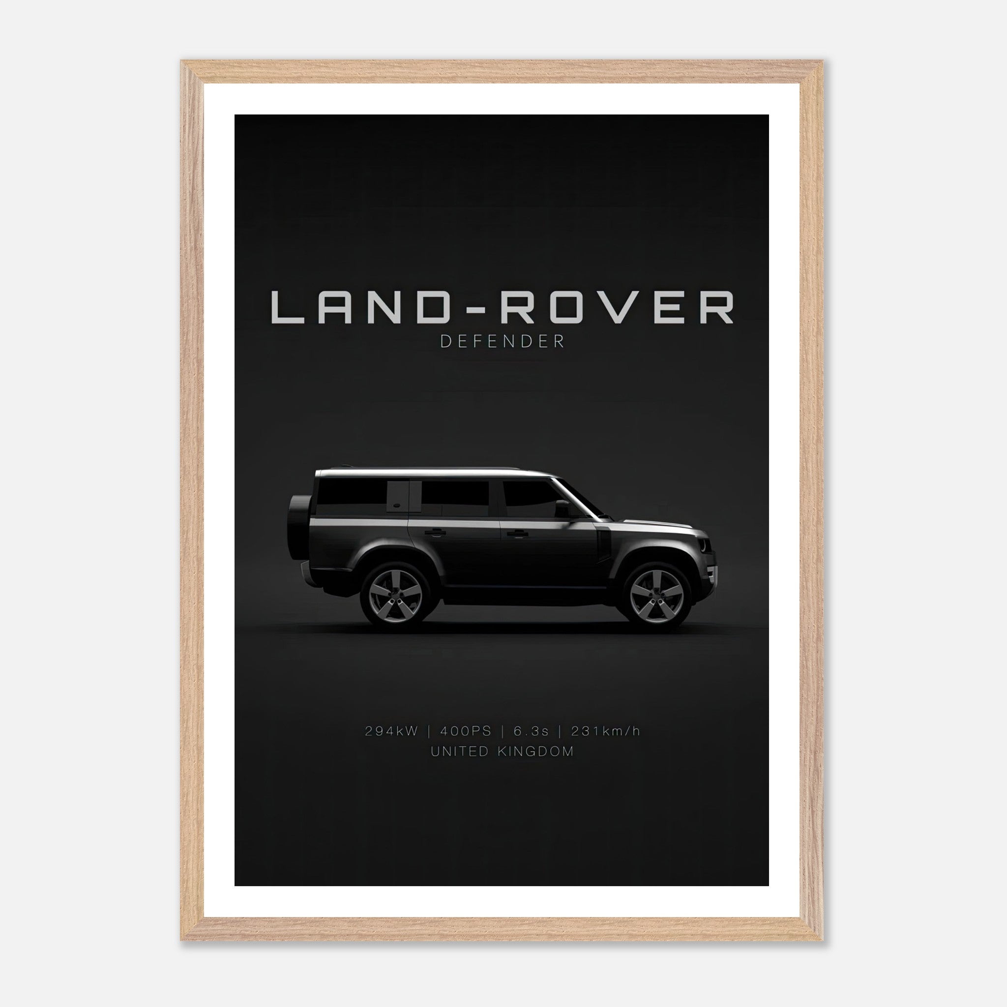Land Rover Defender vintage framed art featuring a minimalist design on a black background.