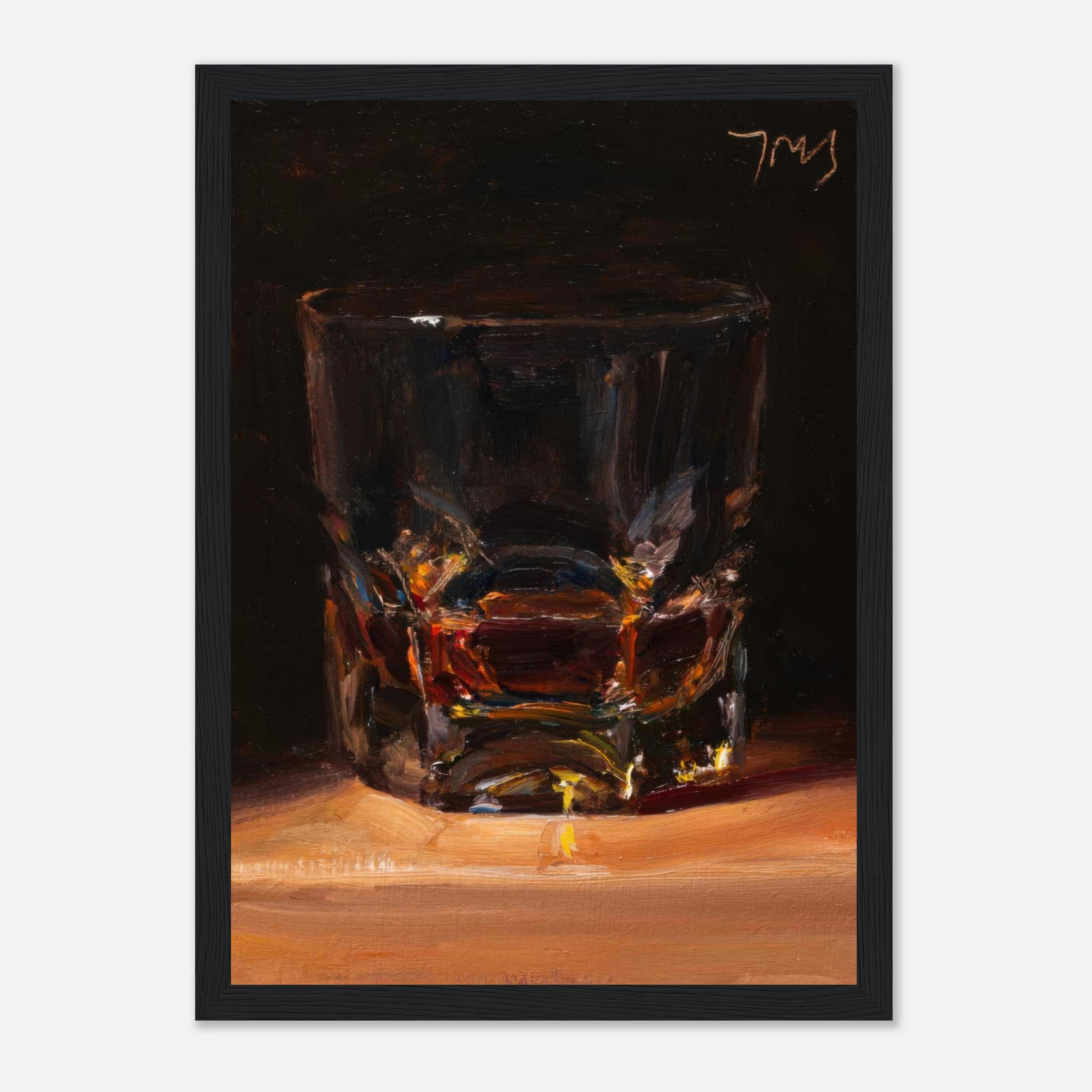Whiskey framed print featuring a beautifully painted glass with deep amber tones and bold brushstrokes.