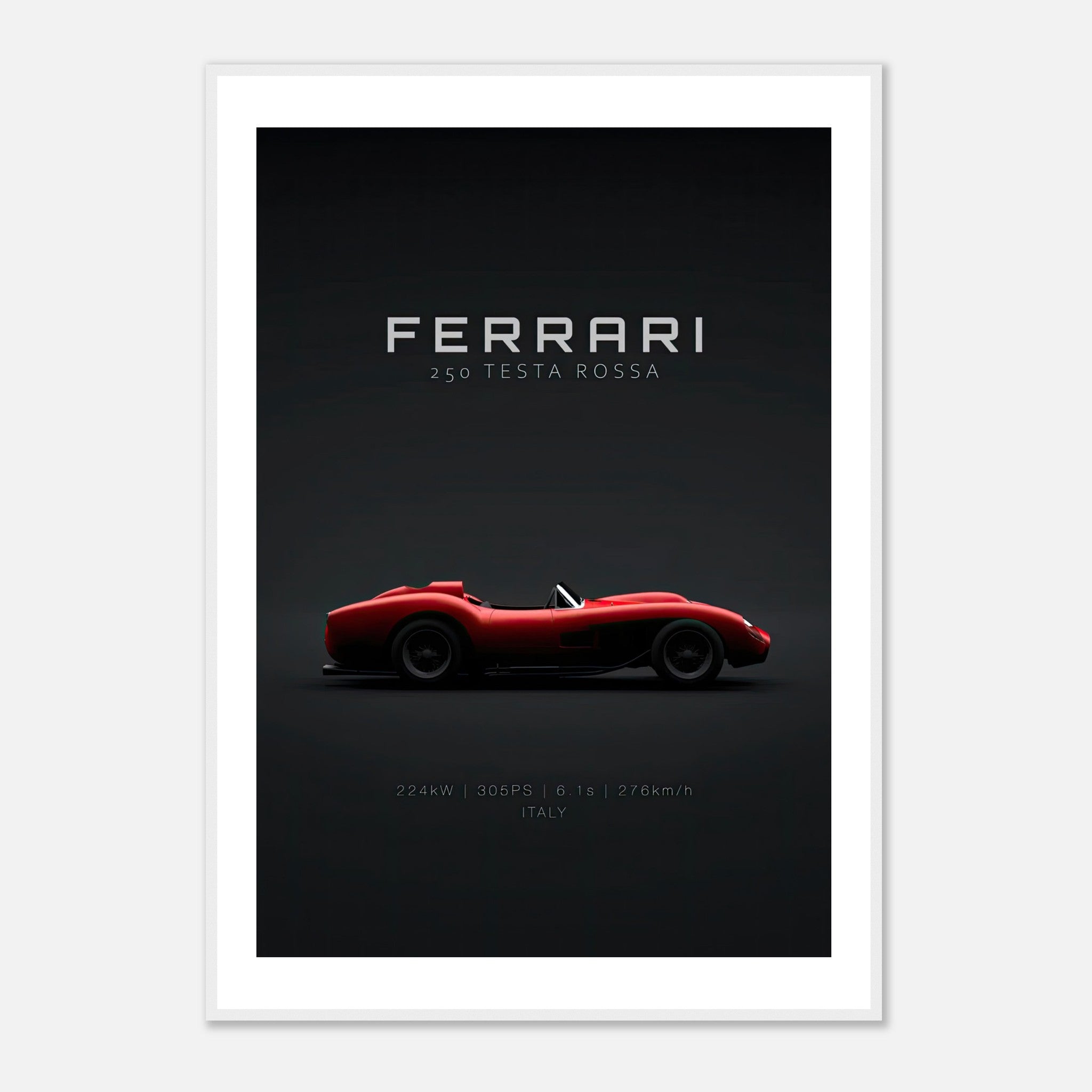 Ferrari 250 Testa Rossa framed poster featuring a sleek side profile on a black background.