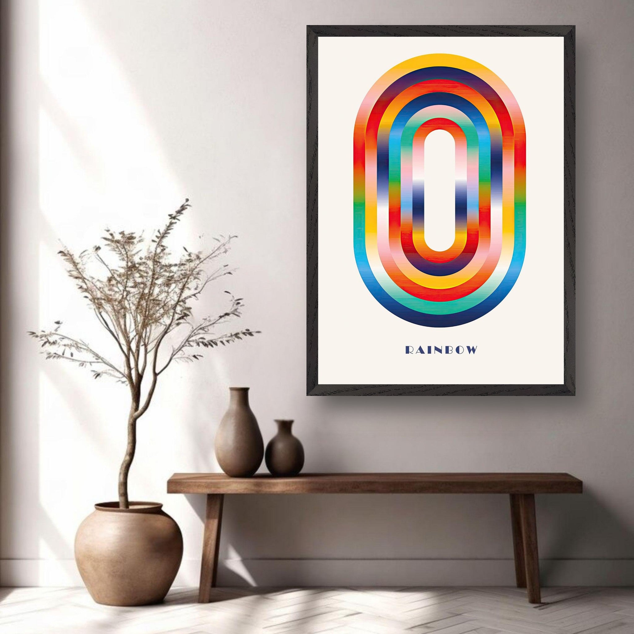 Colorful abstract rainbow geometric art in a modern living space, showcasing bold arcs and vibrant hues.