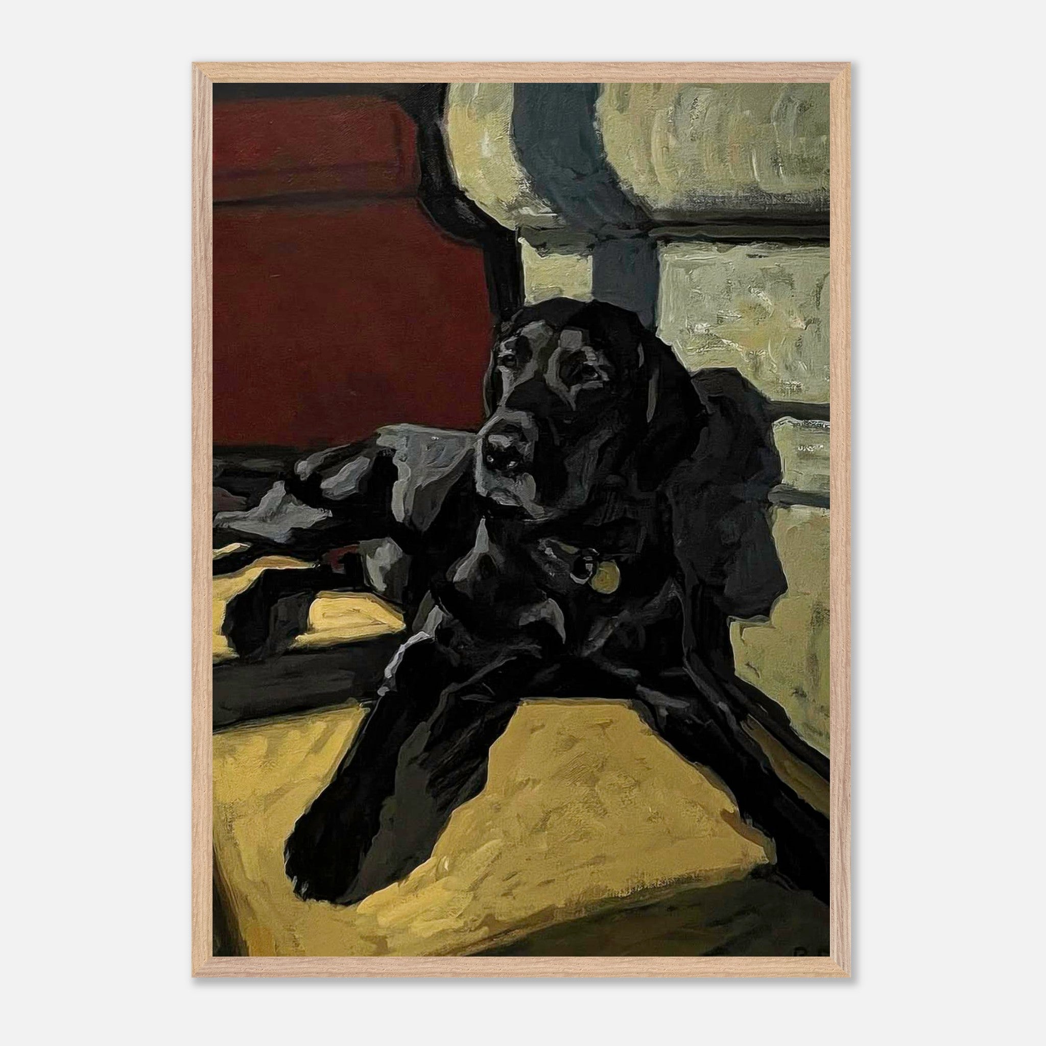 Vintage framed print of a Black Labrador dog basking in warm light, showcasing rich colors and expressive brushstrokes.