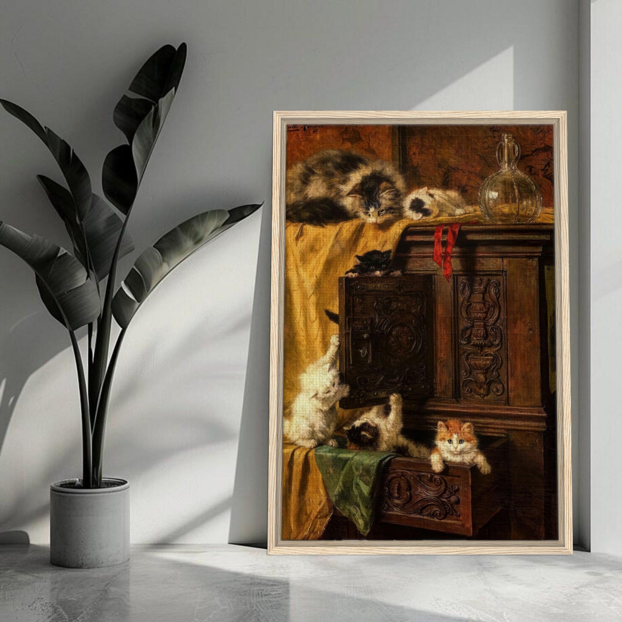 Vintage cat painting framed canvas print featuring playful kittens exploring a wooden cabinet in a charming interior.