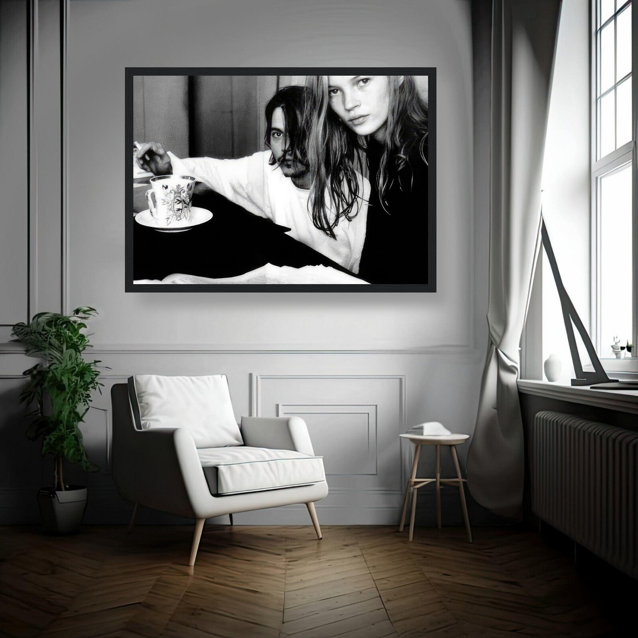 Framed print of Johnny Depp and Kate Moss, 1994 black-and-white photo showcasing their iconic romance