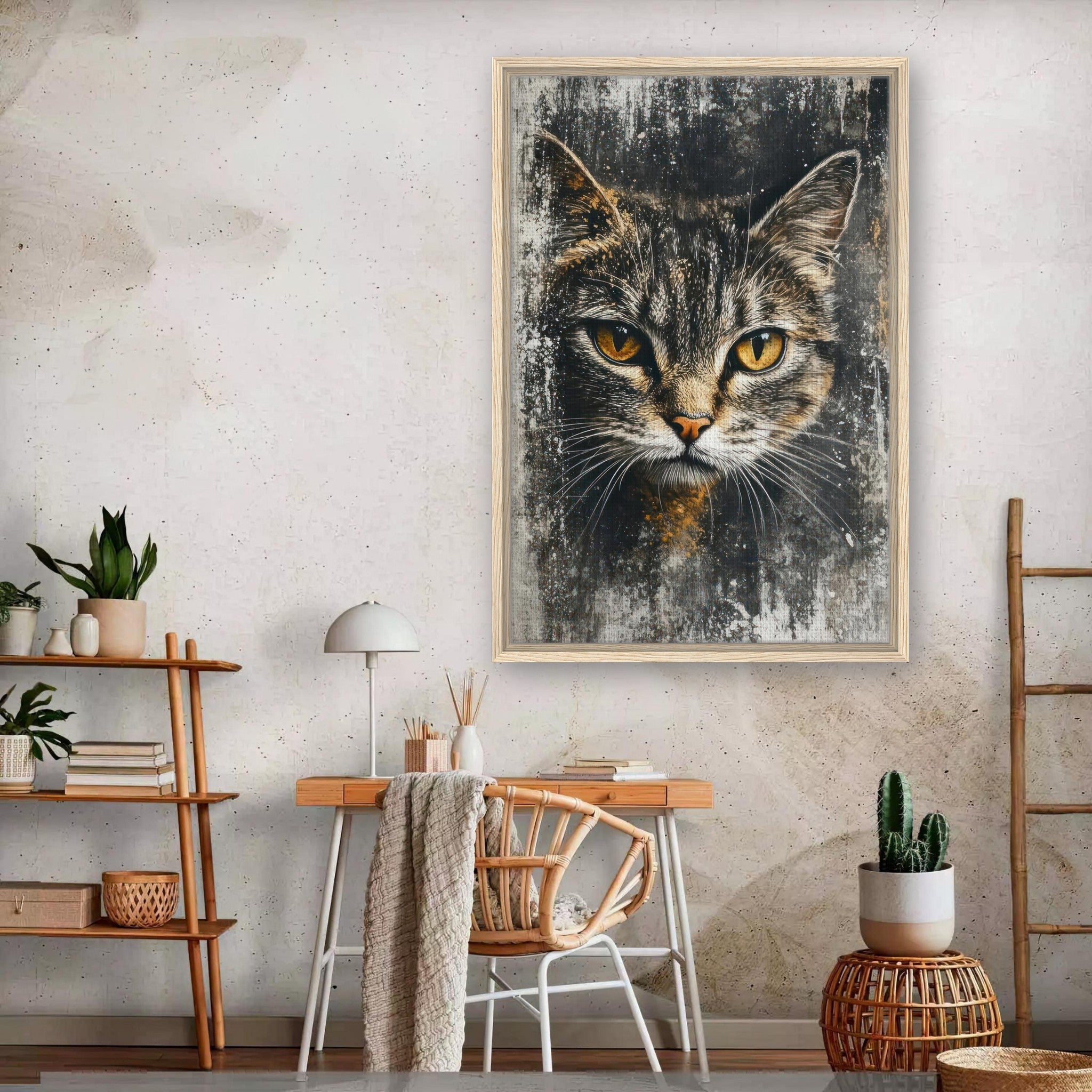 Cat painting artwork framed canvas print featuring a close-up of a cat's intense gaze in a stylish home setting.