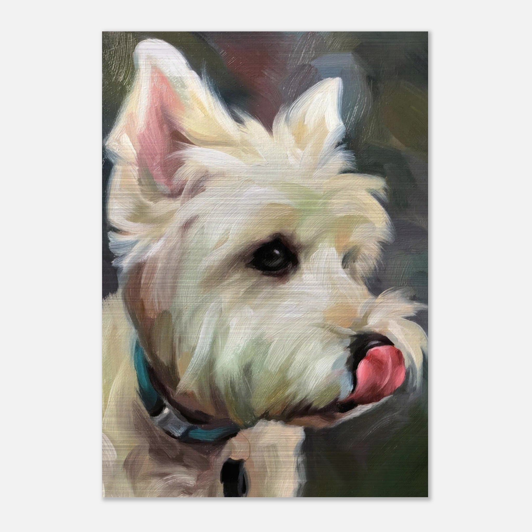 Lifelike brushed metal painting of a West Highland White Terrier with playful expression.