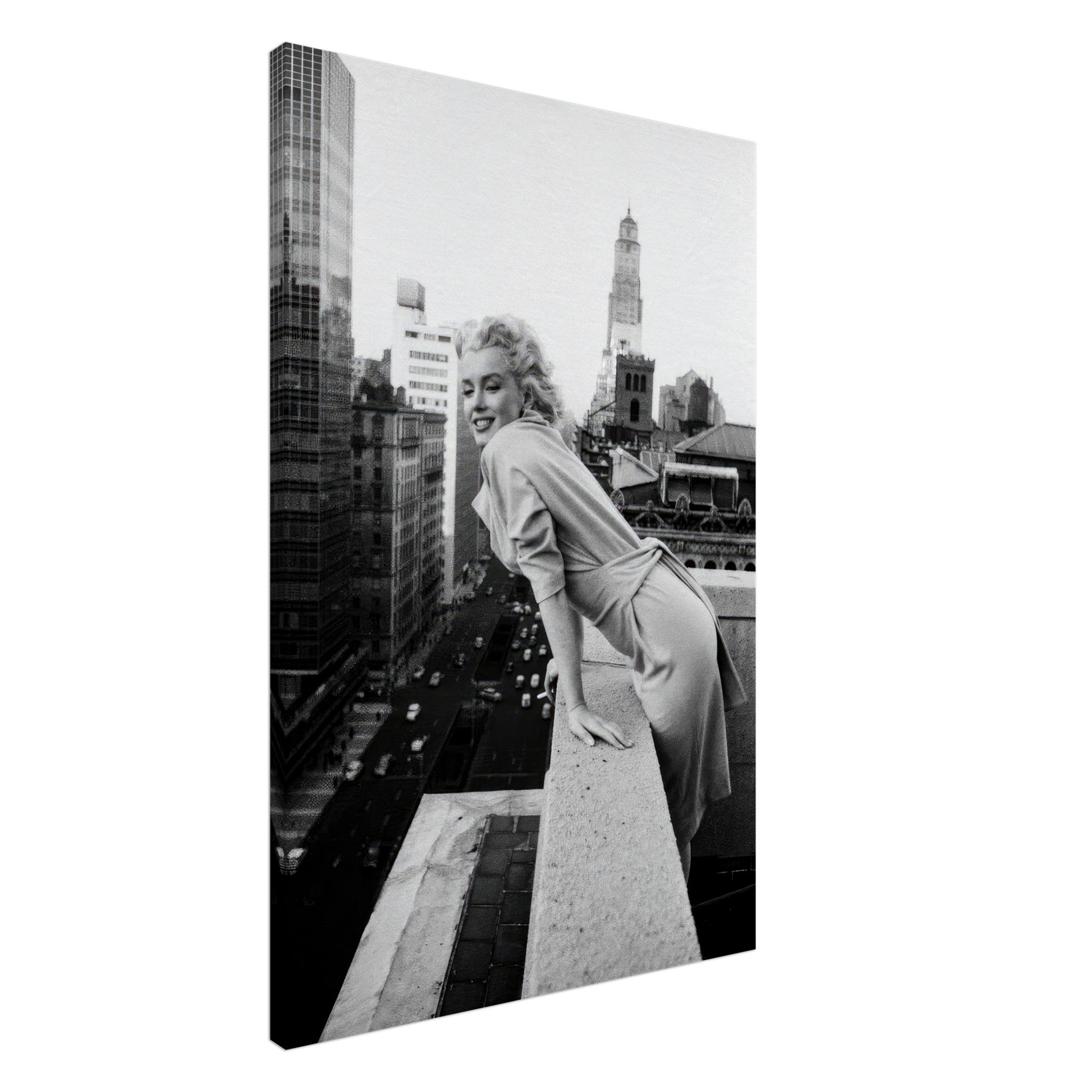 Marilyn Monroe leaning over a rooftop in New York City, iconic black-and-white canvas art.