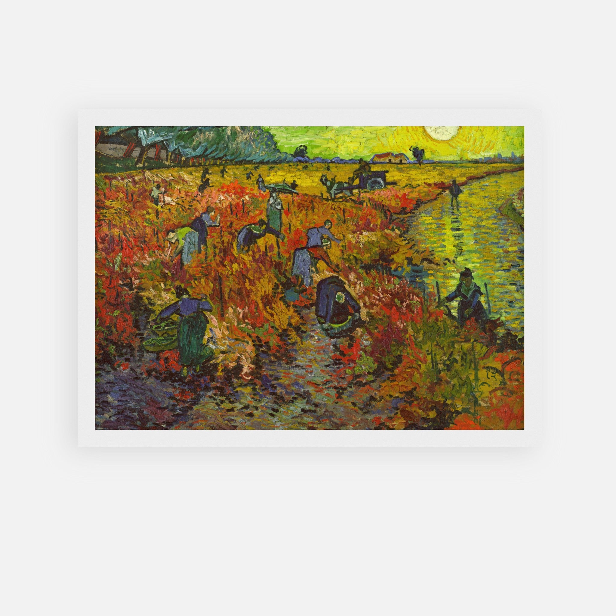 Framed print of Van Gogh's The Red Vineyard, showcasing vibrant colors and workers harvesting in an autumn landscape.