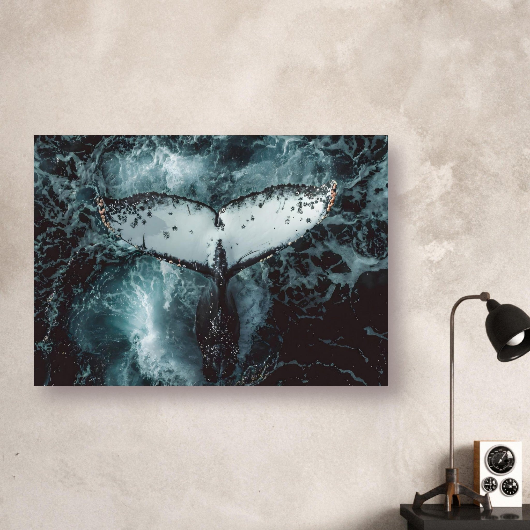Humpback whale tail breaking the ocean surface, captured in a stunning high-resolution art print.