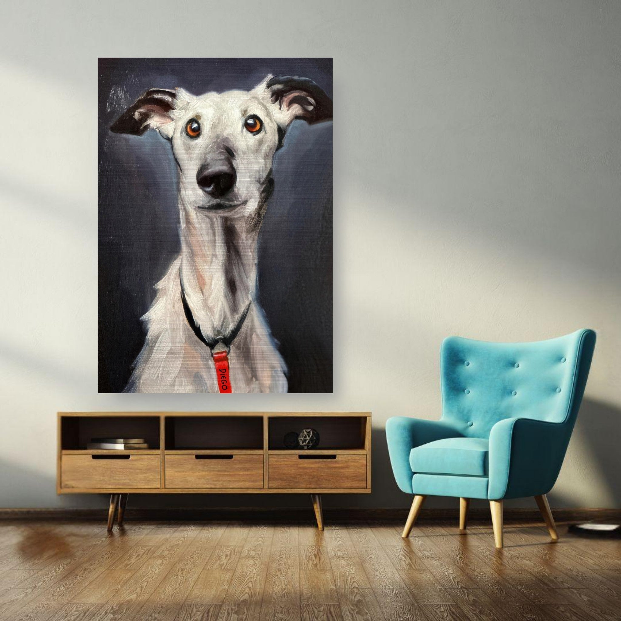 Greyhound dog painting on brushed metal, showcasing expressive eyes and sleek coat in modern living room decor.