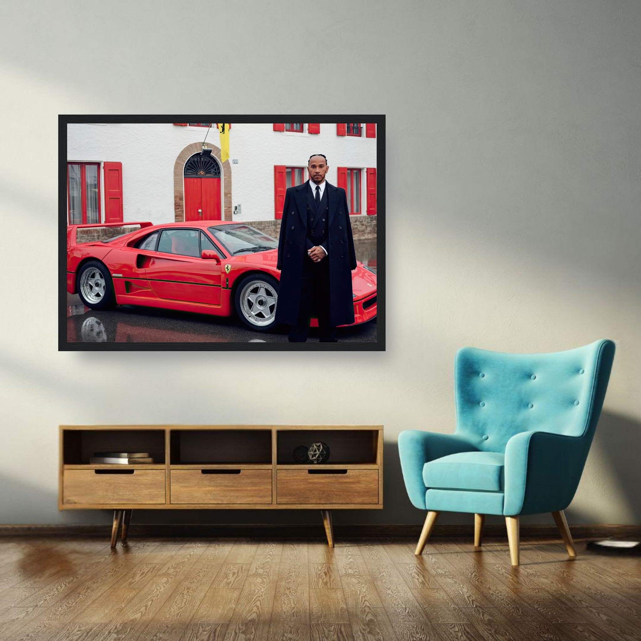Lewis Hamilton Ferrari F40 framed print in stylish living room setting with blue armchair.