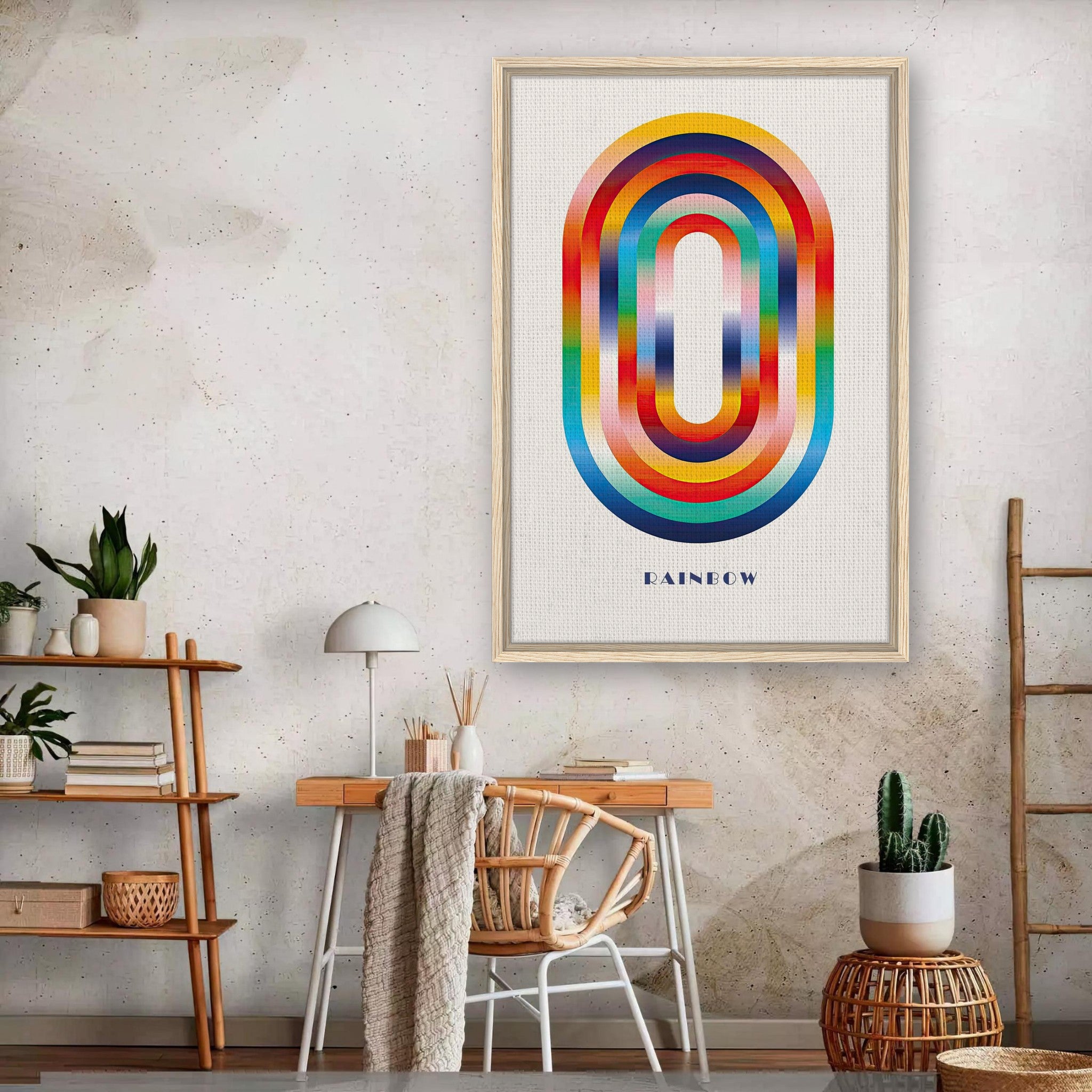 Framed Abstract Rainbow Geometric Art print in modern living space, featuring vibrant curved shapes and colors.
