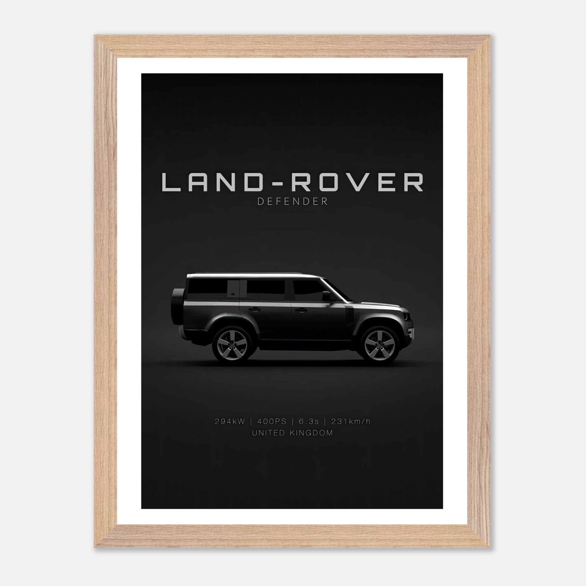 Land Rover Defender vintage framed art showcasing iconic silhouette on black background, perfect for enthusiasts.